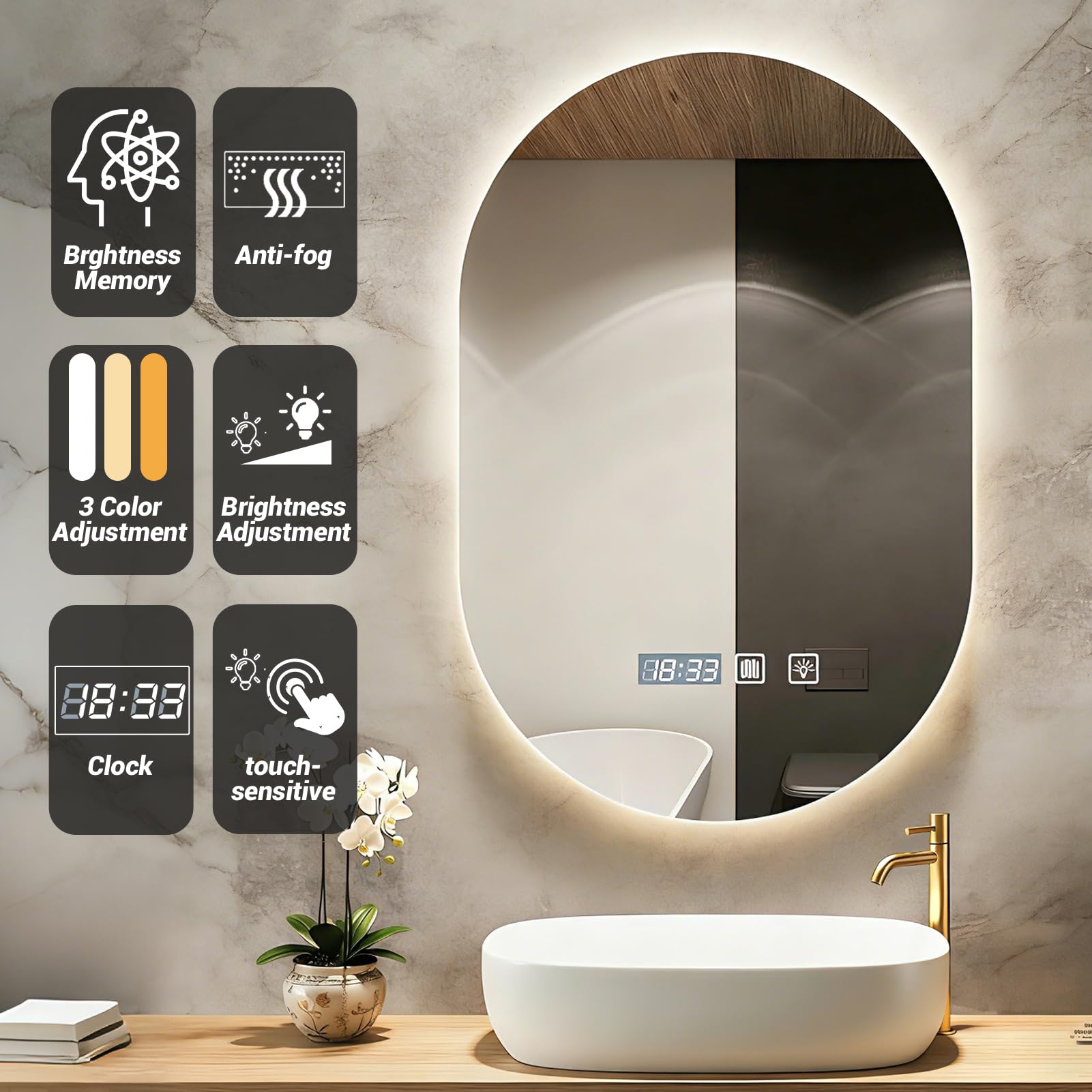 Miroir Salle de Bain avec Eclairage 50 x 75 cm,Miroir Salle de Bain Mural,Miroirs LED Sall𝐞 d𝐞 Ba𝐢n avec Anti-Buée,Interrupteur Tactile,Affichage Heure,3 Couleurs Lumière,Dimmable,Mémoire