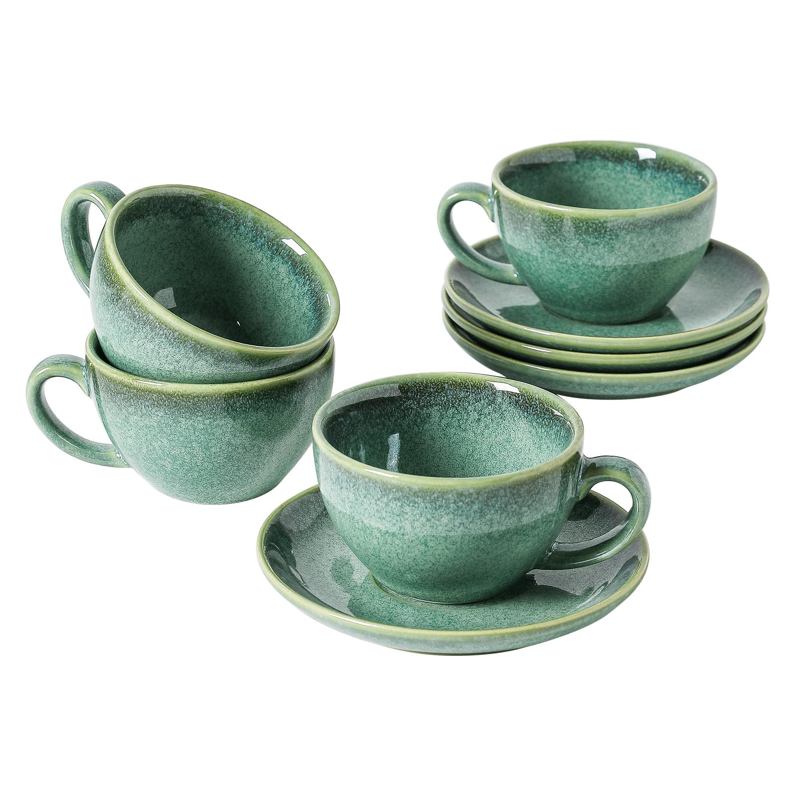Kaffeeservice Porzellan, Kaffeeset Grün 4er - 240ml, Handmade Kaffeetassen Set für 4 Personen, Beinhaltet Kaffeetassen, Untertassen