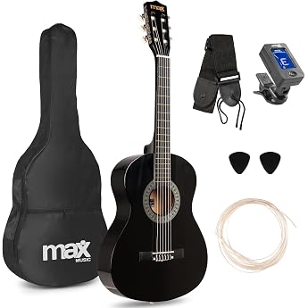 MAX SoloArt, 3/4 Guitar, Junior Akustik Gitarre inkl. Tasche, Schwarz | Guitar 3/4 children's guitar from 6 years, strap and 