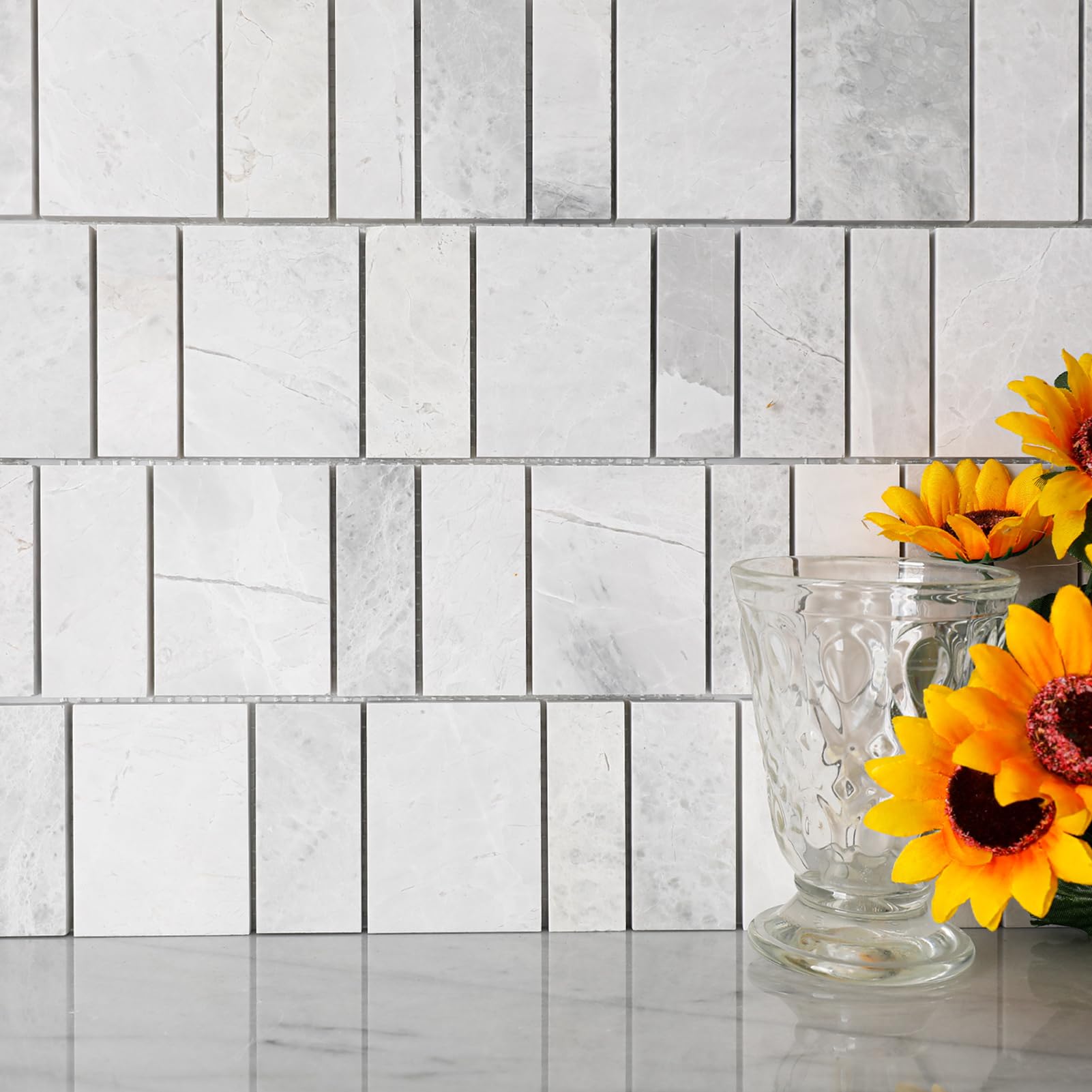 Diflart Andes Grey Marble Mosaic Tile, Offset Piano Pattern, Honed, Marble Backsplash Tiles for Kitchen Bathroom Wall Floor, Pack of 5 Sheets