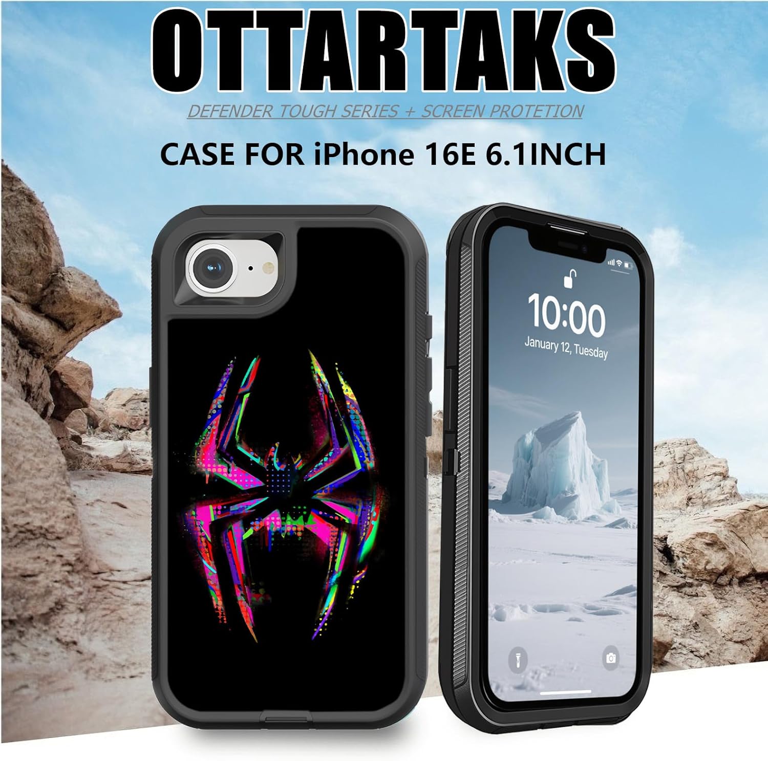 Compatible for iPhone 16e Case 2025 with Screen Protector for Boys Men Spider Cool Full Body Heavy Duty Black Shockproof 3-Layer Protective Phone Case for iPhone 16E - Image 7