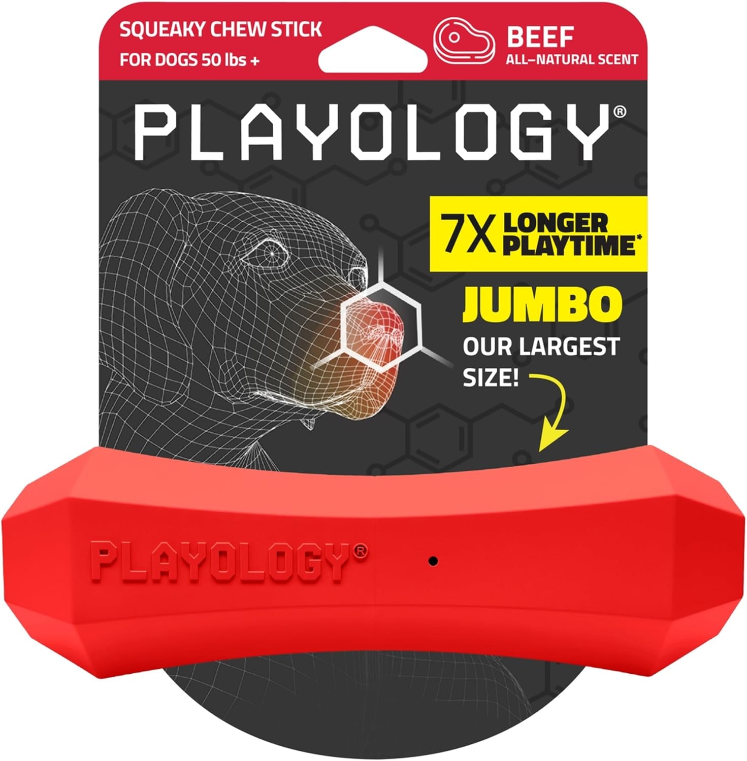 Playology Squeaky Chew Stick - Scented Dog Toy - Jumbo, Beef Scent