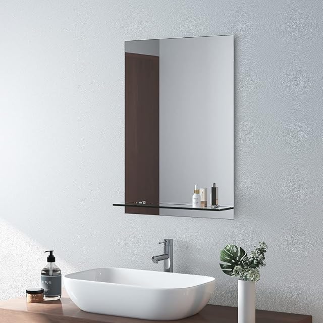 EMKE Bathroom Mirror with Shelf, 500x700mm Wall-Mounted Vanity Mirrors with Storage Frameless Lightweight Mirror, Bathroom Living Room Hanging Mirror