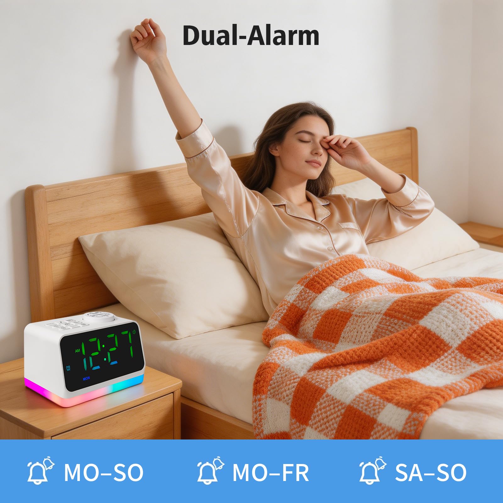 Radio-réveil numérique pour chambre à coucher - Veilleuse 8 couleurs (0 à 100 % à intensité variable), double alarme avec 7 sons d'alarme, minuterie de sommeil flexible (10 à 480 min), 2 ports de