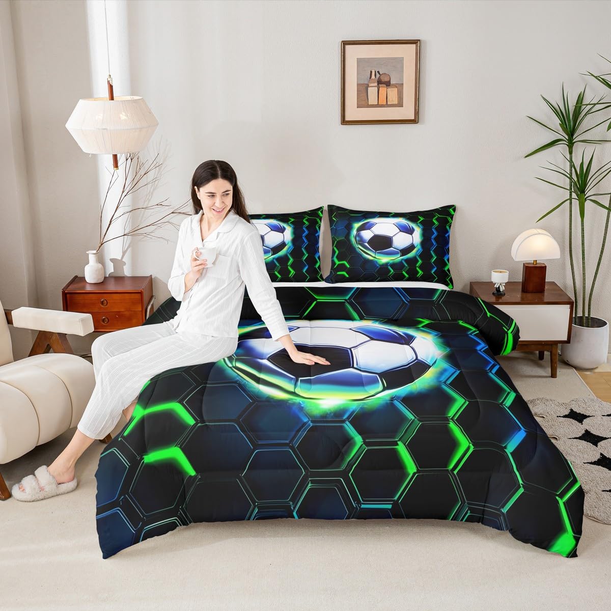 Parure de lit avec couette piquée hexagonale nid d'abeille garçons ado lit simple toutes saisons