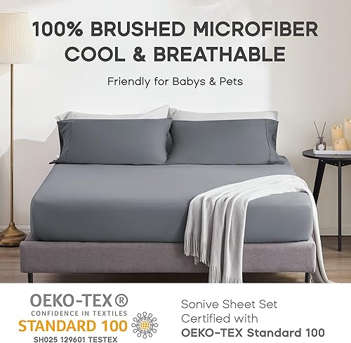 Miniatura 3 de Sonive Paquete de 2 sábanas bajeras tamaño King, sábanas de bolsillo profundo de hasta 16 pulgadas, sábana bajera de microfibra cepillada súper