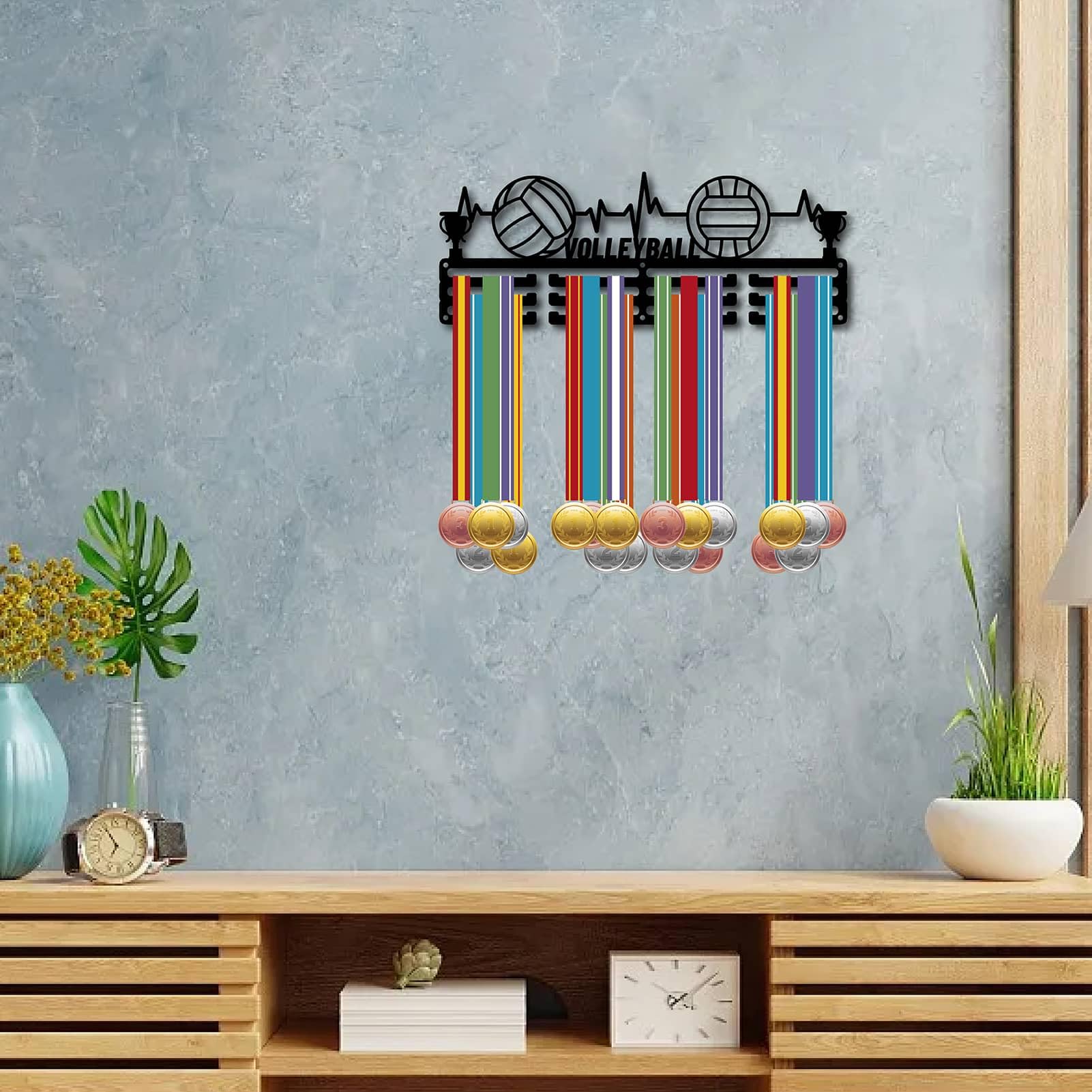 SUPERDANT Présentoir Mural Médailles Volley-Ball – Support Sportif 40x15cm Pour Plus De 60 Médailles, Design Passion Feu