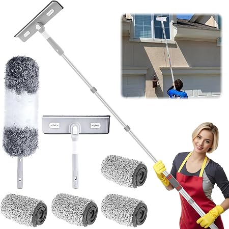 Raclette Vitre 2 En 1 Professionnelle Avec Manche Télescopique 162cm - Kit Nettoyage Vitres Avec Chiffons Microfibres