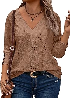 Plus Size Tops for Women Casual V Neck Long Sleeve Buttons Hollow Out Lace Embroidered Blouses Shirts(1X-5X)