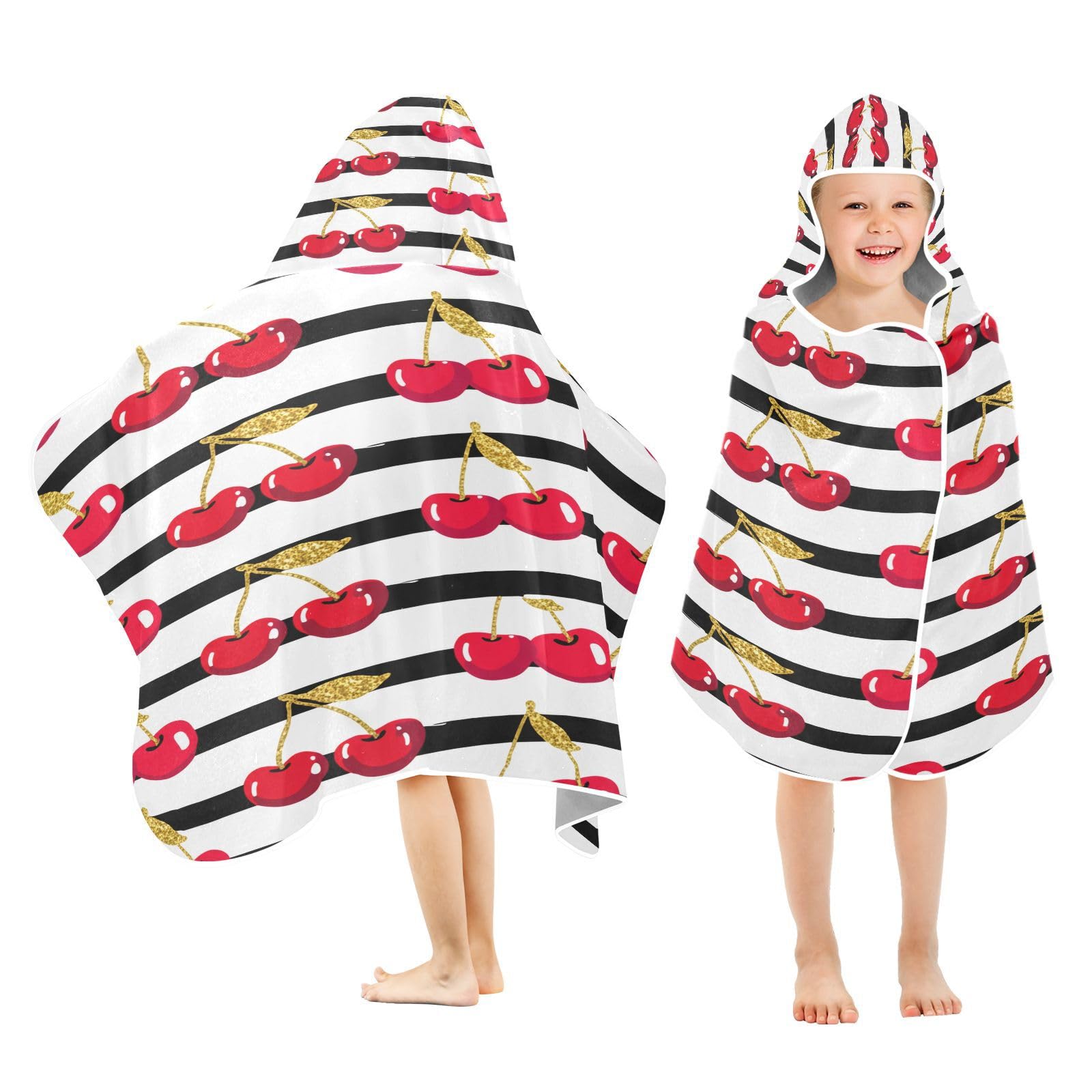 Nesatuwa Hooded Towel for Kids,Cherries Golden Stripes Kids Beach Bath Towels Soft Absorbent Quick Dry Poncho Towel for Girls Boys