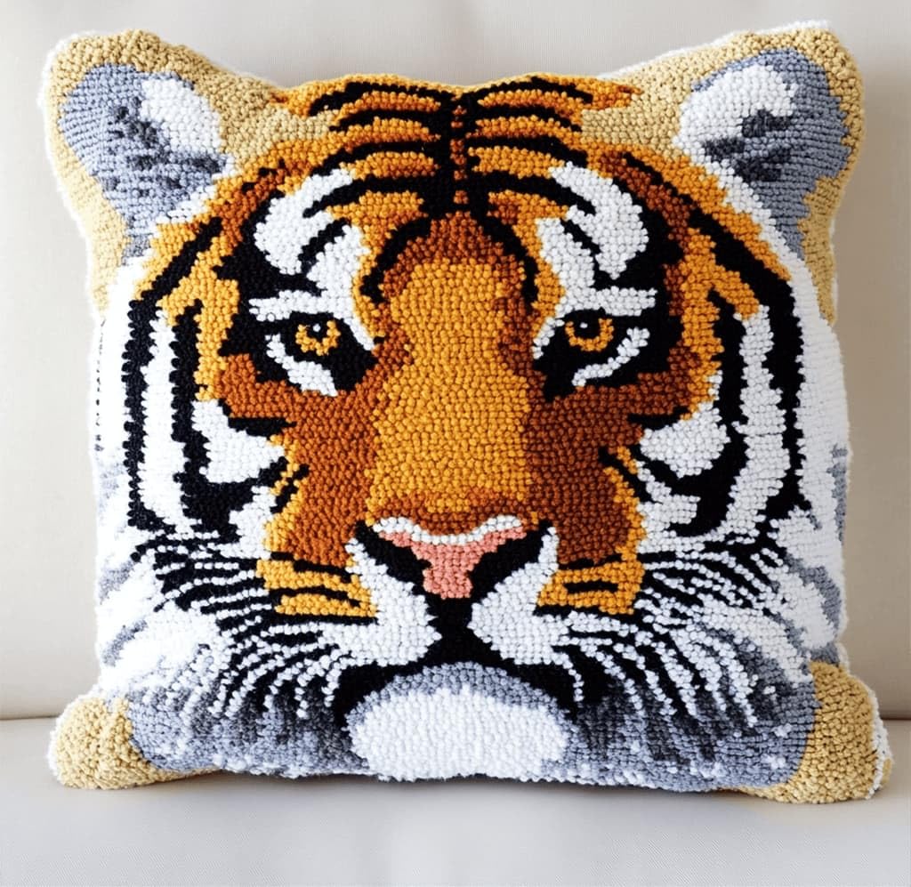Latch Hook Cushion Kit,Tiger DIY Throw Pillow Cover 43X43Cm