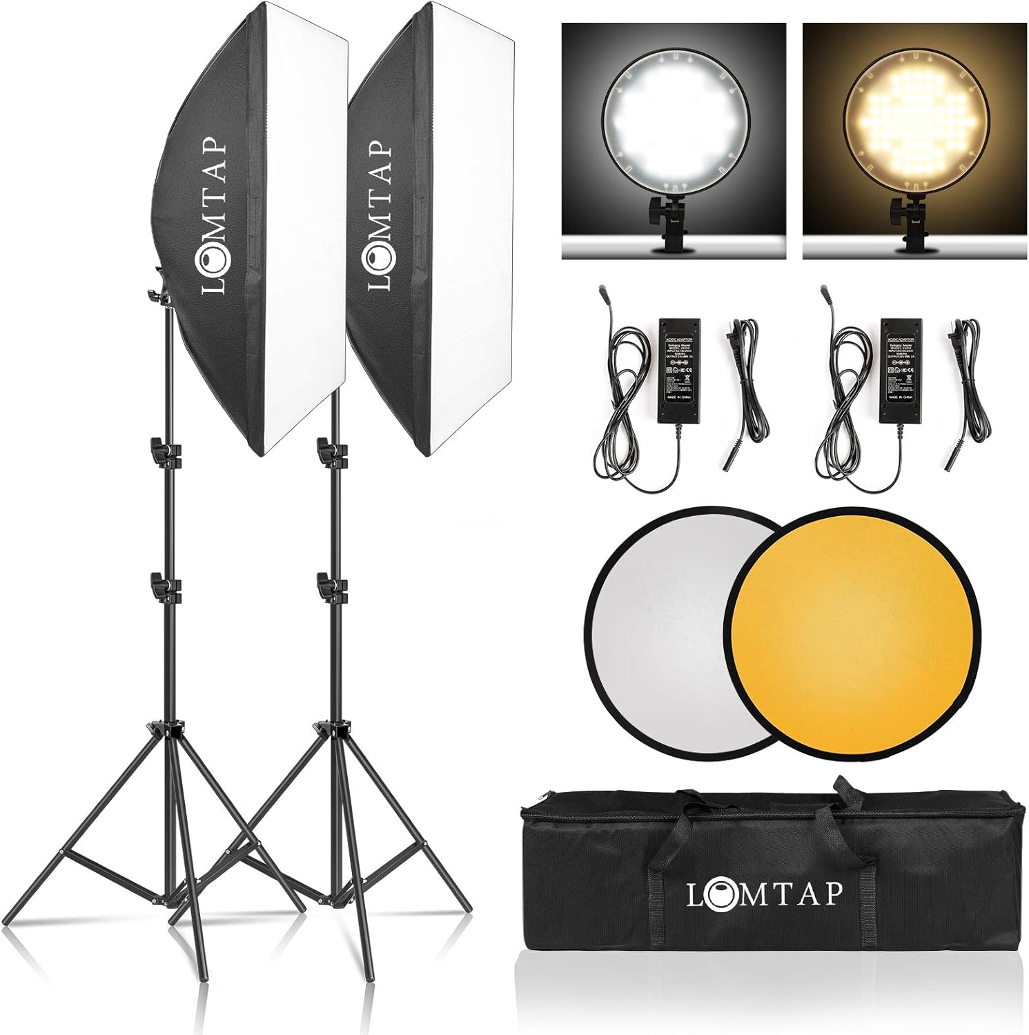 Exclusive Discount 50% Price LOMTAP Softbox Photography Lighting Kit Professional Bi-Color Soft Box with Double Color Temperature 45W LED Dimmable Light 2 in 1 Reflector and Light Stand for YouTube Photo Video Portrait Shooting