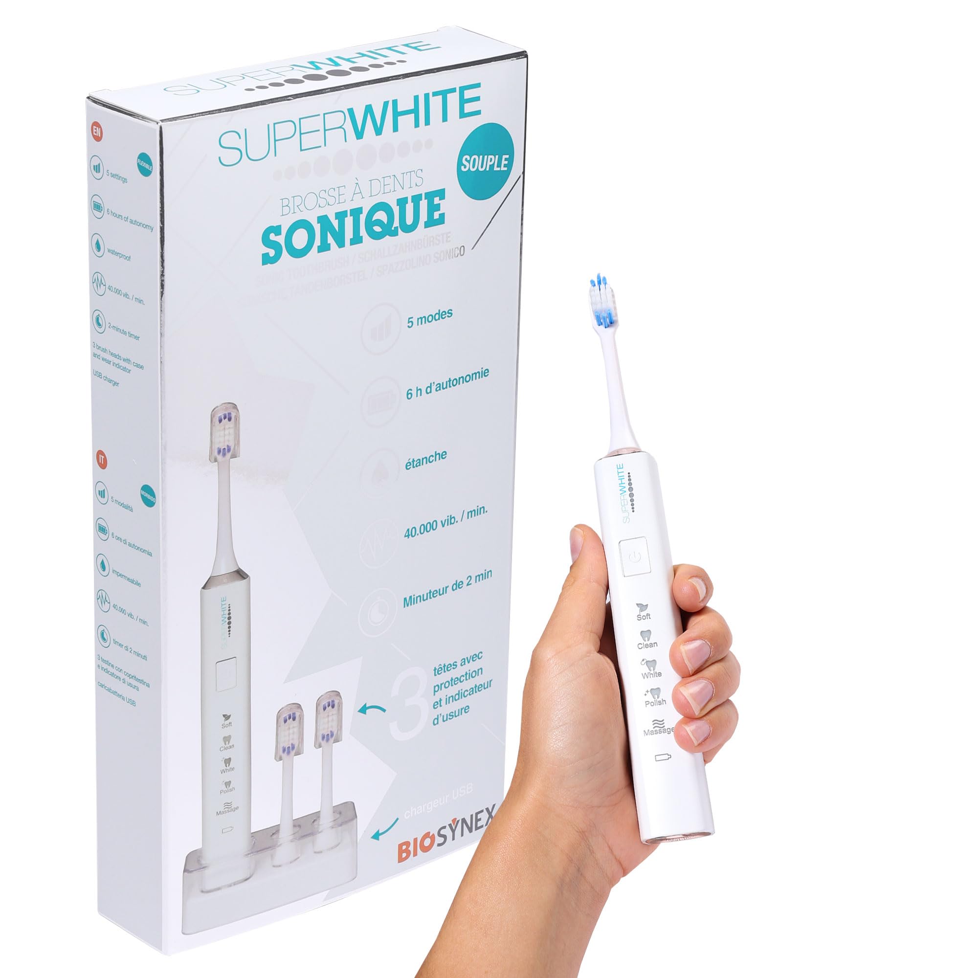 SUPERWHITE - Biosynex - Brosse à Dents Électrique Sonique - Rechargeable - 5 Modes de Brossage - 3 Mois d'Autonomie - Minuteur de 2 Min - Contient 1 Manche et 3 Brossettes - Couleur Blanche