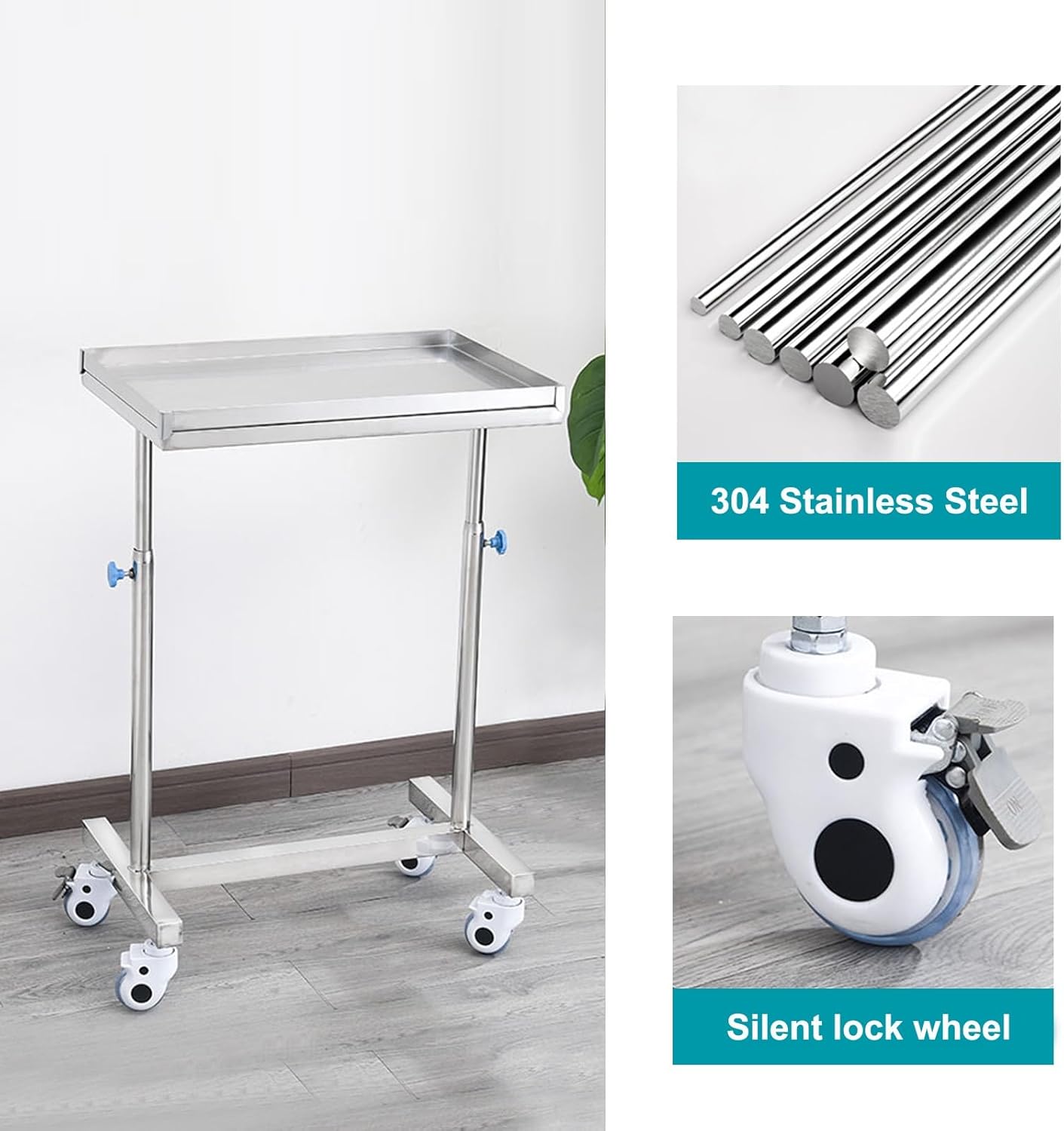 Medical Stand Lab Cart, w/Adjustable Height and Removable Tray Beauty Salon Trolley, Surgical Procedures Hairdressing Storage Tray(60cm/24in)