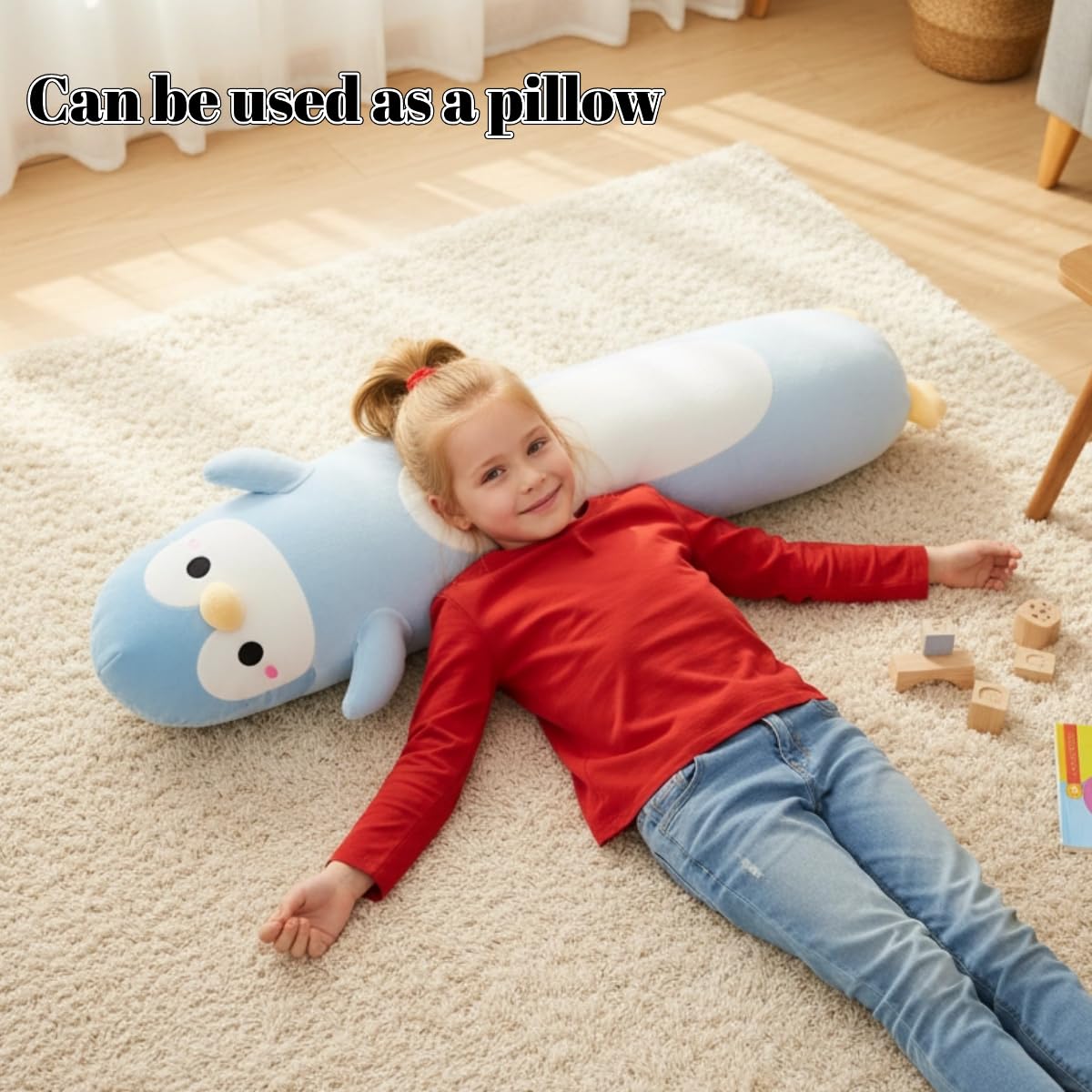 Pinguino, morbido peluche lungo pinguino da abbracciare, grande cuscino per bambini, regalo di compleanno per ragazzi e ragazze (blu chiaro, 110 cm)