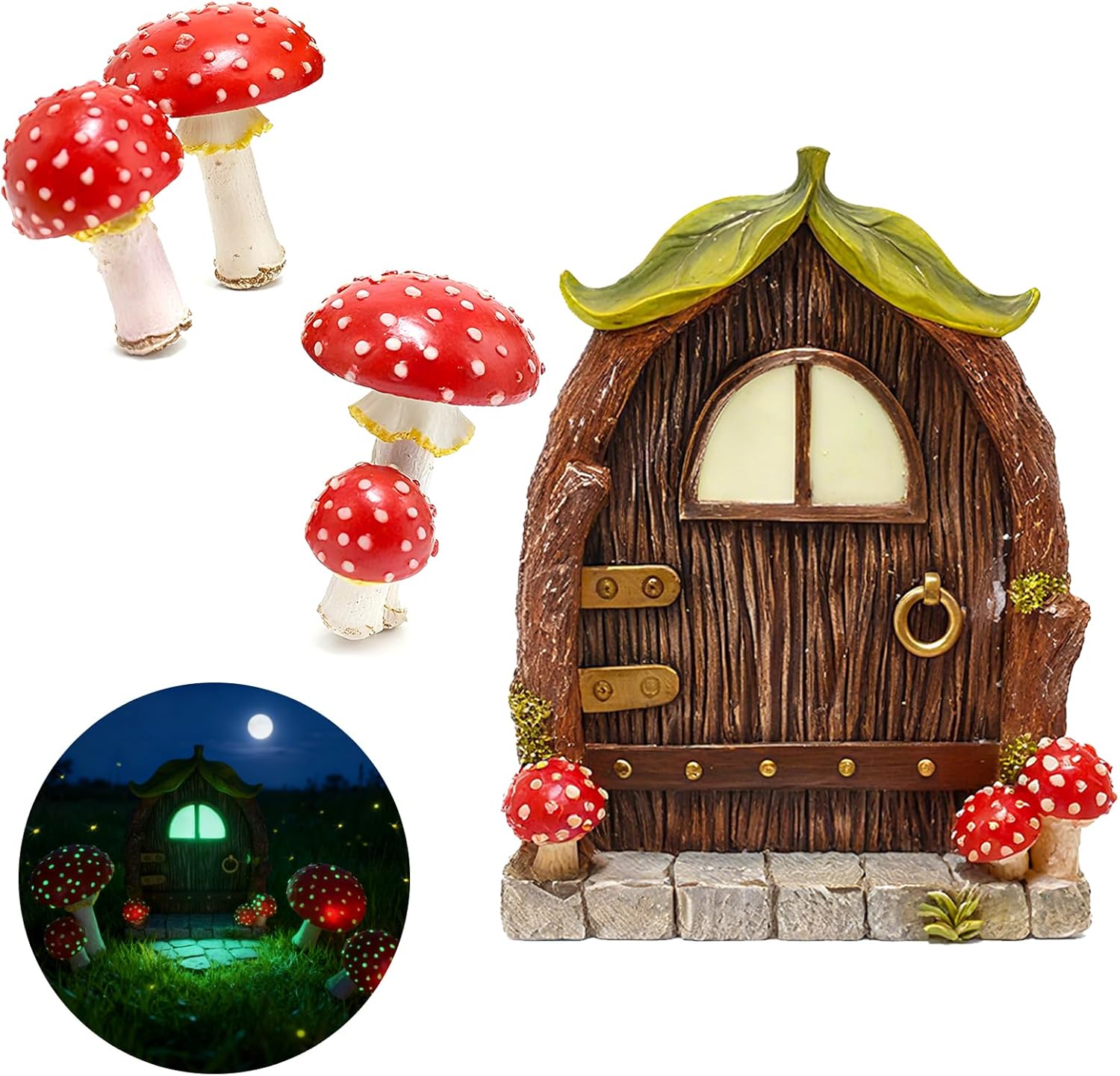 Fairy Door and Mushroom Garden Kit, Miniature Fairy Garden House Decor Accessories, Glow in The Dark Yard Art Outdoor Statues Fairy House Kit for Gnome, Outdoor Yard, Stump, Lawn