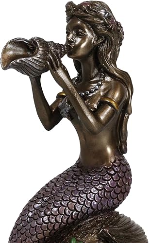 Miniatura 5 de Ebros Gift Aplique de sirena náutica marina sirena princesa soplando concha mientras está sentado en roca del océano con conchas de coral, estrella