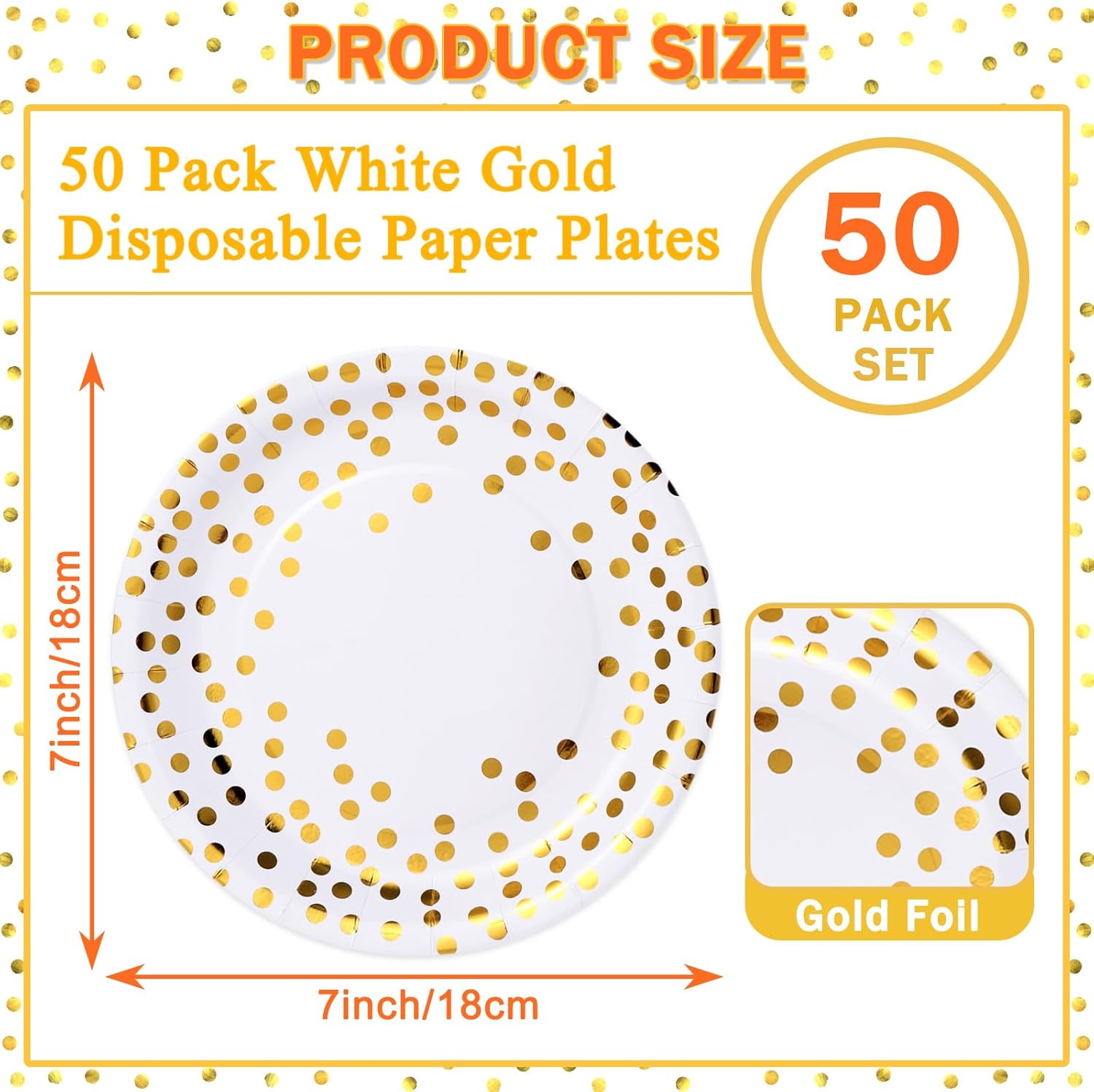 White and Gold Party Supplies, 50 Pack Gold Dot Paper Plates 7 Inches Disposable Dessert Paper Plates Party Supplies for Birthday Graduation Wedding Baby Shower Christmas - Image 2