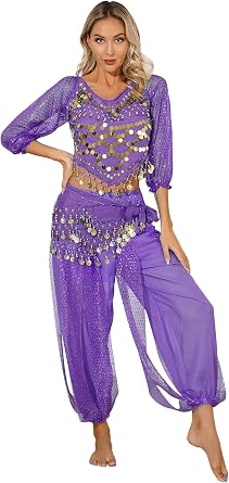Hedmy Women Belly Dance Dress Indian Bollywood Halloween Costume Shiny Belly Dance Suits 2-Piece Outfits