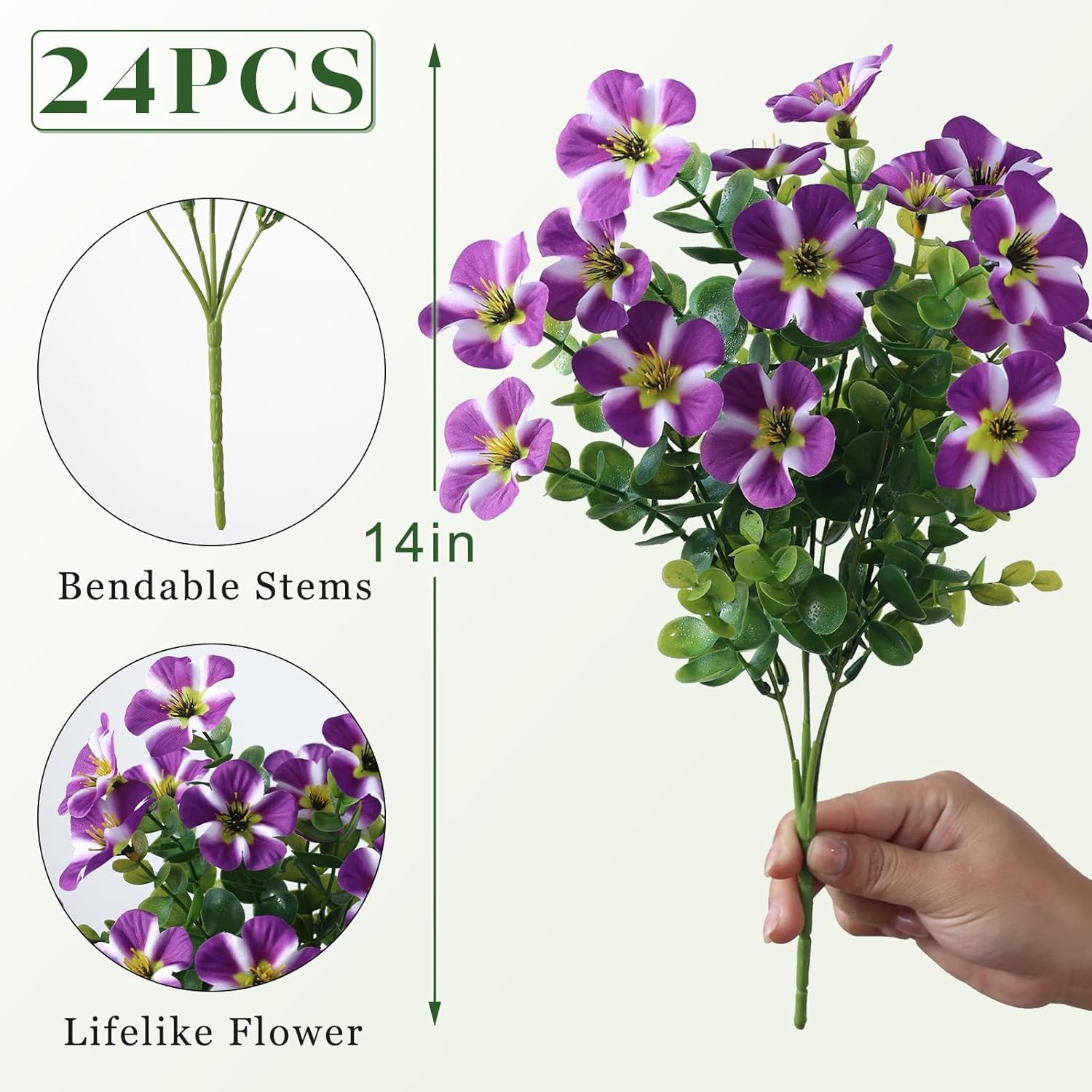 VIERENA 24 Bundles Artificial Flowers and Eucalyptus for Outside, Sun Resistant Silk Fake Morning Glory with Faux Eucalyptus Plants for Garden Porch Farmhouse Home Spring Summer Decor (Purple)