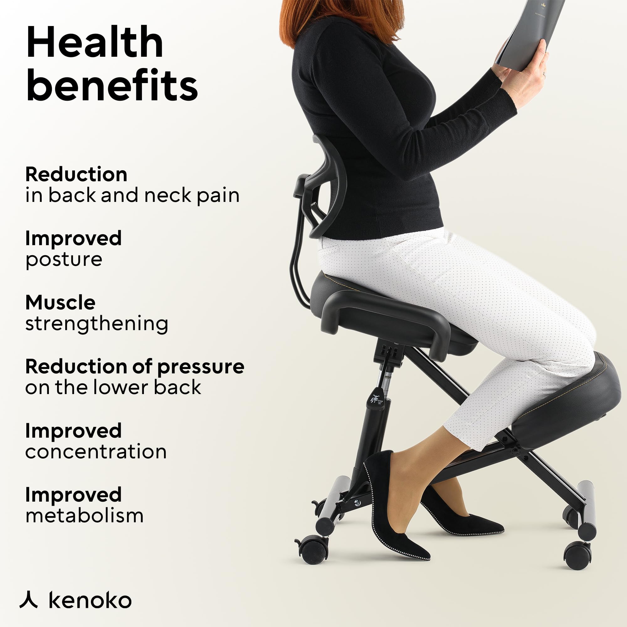 Hiragi Ergonomischer Kniestuhl Verstellbarer für zu Hause und Büro. Ergonomischer Bürostuhl mit dunkelgrauem Bezug aus Öko-TEX-zertifiziertem Standard 100 Stoff.