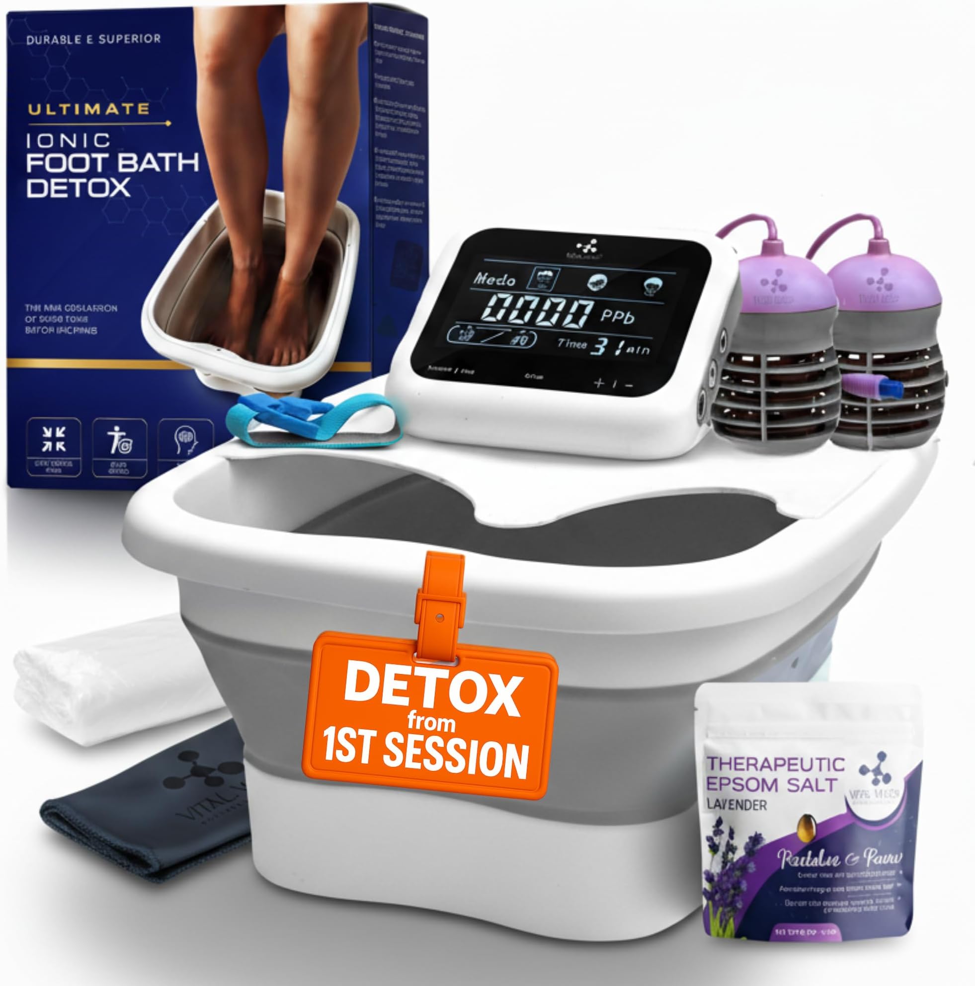 Vital Vibes Ultimate Ionic Foot Bath Detox Machine - Foot Detox Machine for Spa Bath with Touch Display - Epsom Salt & Towel - Collapsible Soaking tub -2 Powerful Array- Ion Wristband-Tub Liners