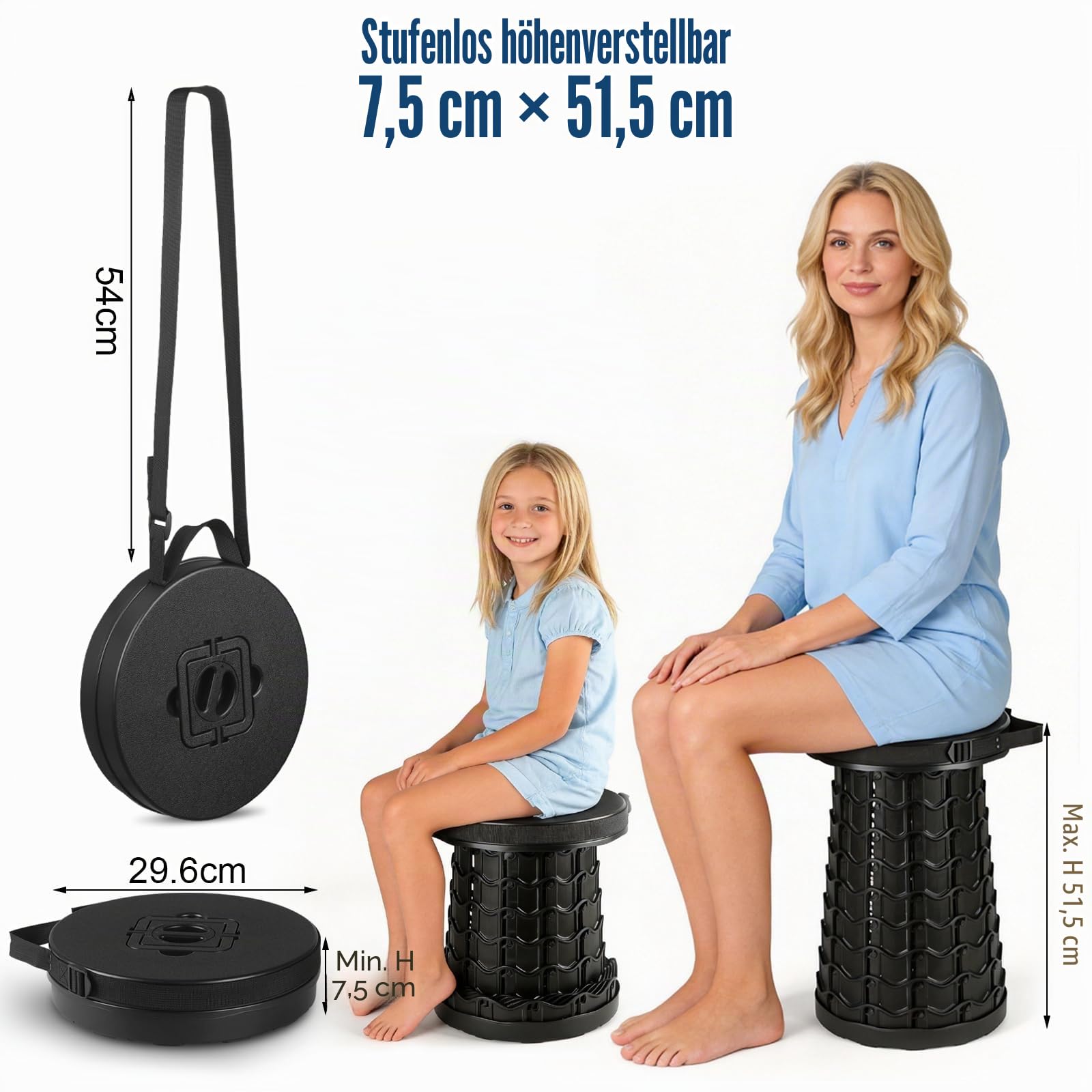 Klapphocker Faltbar Höherer, Tragbarer Teleskophocker 7.5~51.5cm Verstellbar Robust Verbreiterte Sitzfläche, Plastik Hocker Klappbar für Outdoor Camping Angeln BBQ Küche Garten