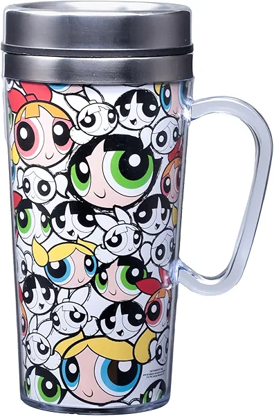 Spoontiques Powerpuff Girls Insulated Travel Mug, 14oz - Double Wall Stainless & Acrylic Drink Cup with Twist Top Lid & Handle