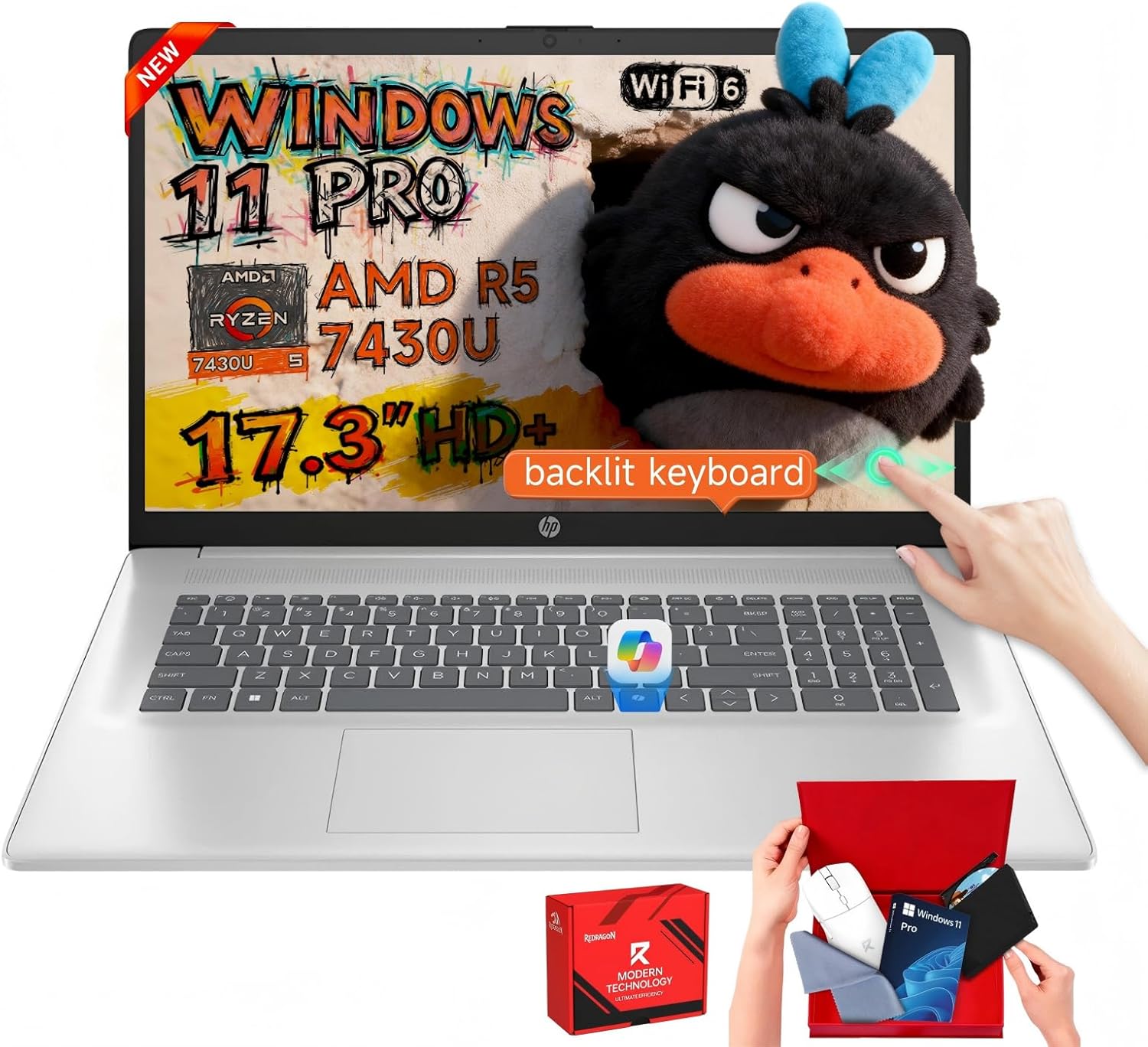 HP 17 Touchscreen Laptop, AMD Ryzen 5 7430U (Up to 4.3GHz), 20GB RAM, 512GB SSD, 17.3" HD+ Anti-Glare Display, Windows 11 Pro, Backlit Keyboard, Wi-Fi 6, USB-C, Numeric Keypad