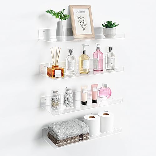 upsimples Paquete de 4 estantes de baño acrílicos de 15 x 6 pulgadas para pared, estantes flotantes de baño sobre el inodoro, estante de