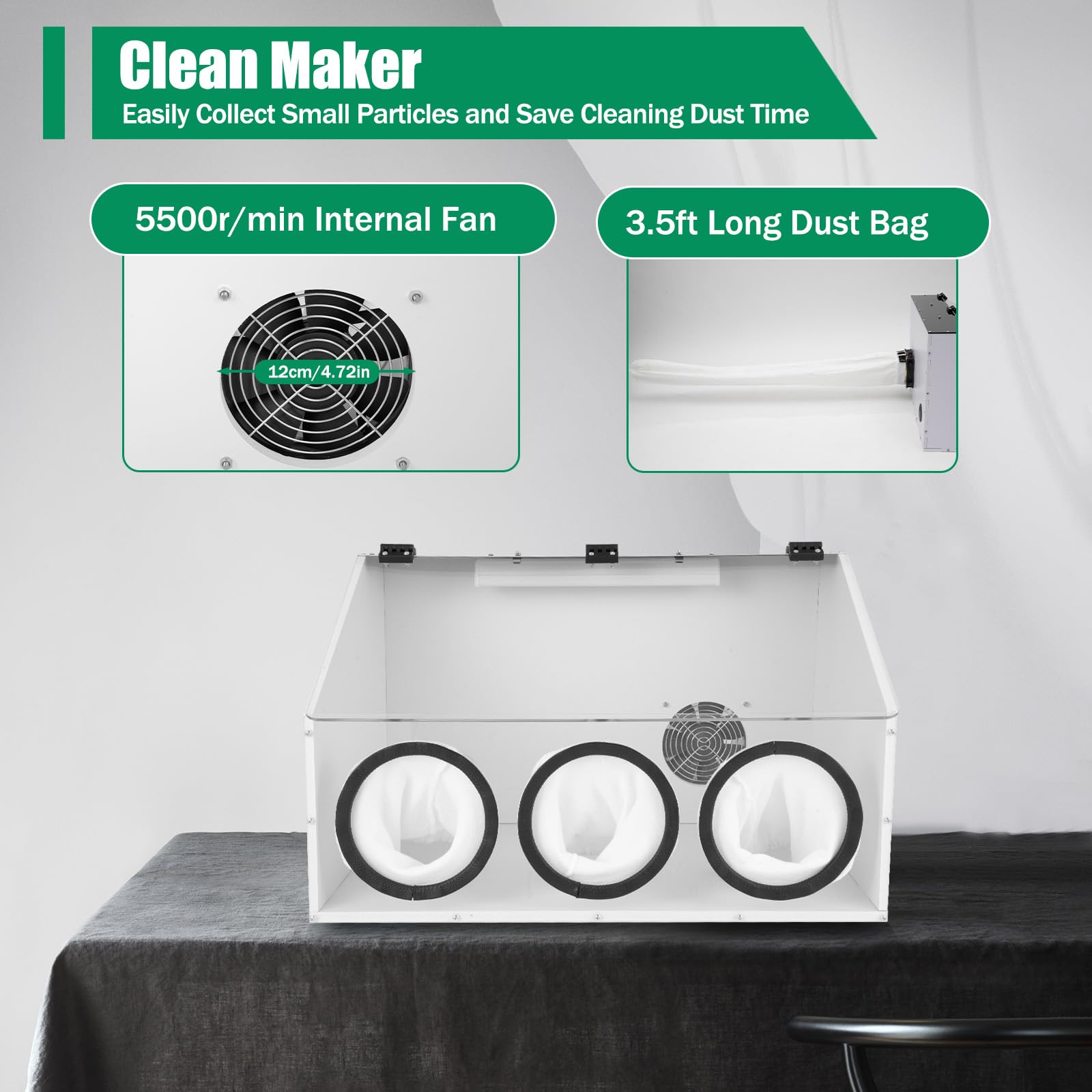 Caja de polvo acrílico cerrado 3 agujeros LED ventilador para pulido mesa de molienda | Hecho de PVC duradero y plexiglás, ventilador de 5500 rpm, bolsa para el polvo y luz LED. Ideal para grabado, pulido, lijado