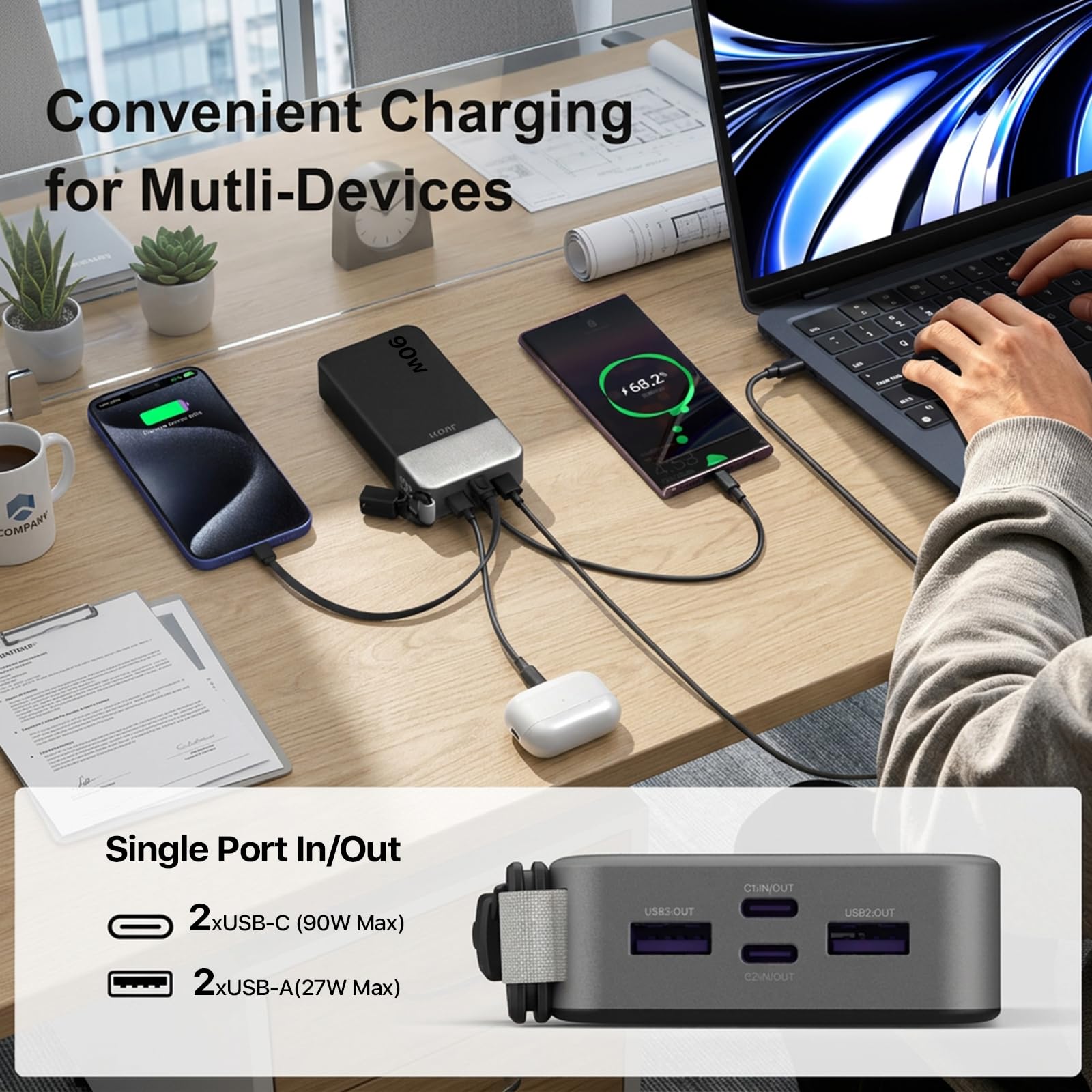 JUOVI Power Bank 20000mAh 90W Caricatore Portatile con Cavo Rimovibile | Ricarica Rapida PD QC con 4 Porte Display LED Batteria Esterna per Laptop MacBook iPad Steam Deck Telefoni