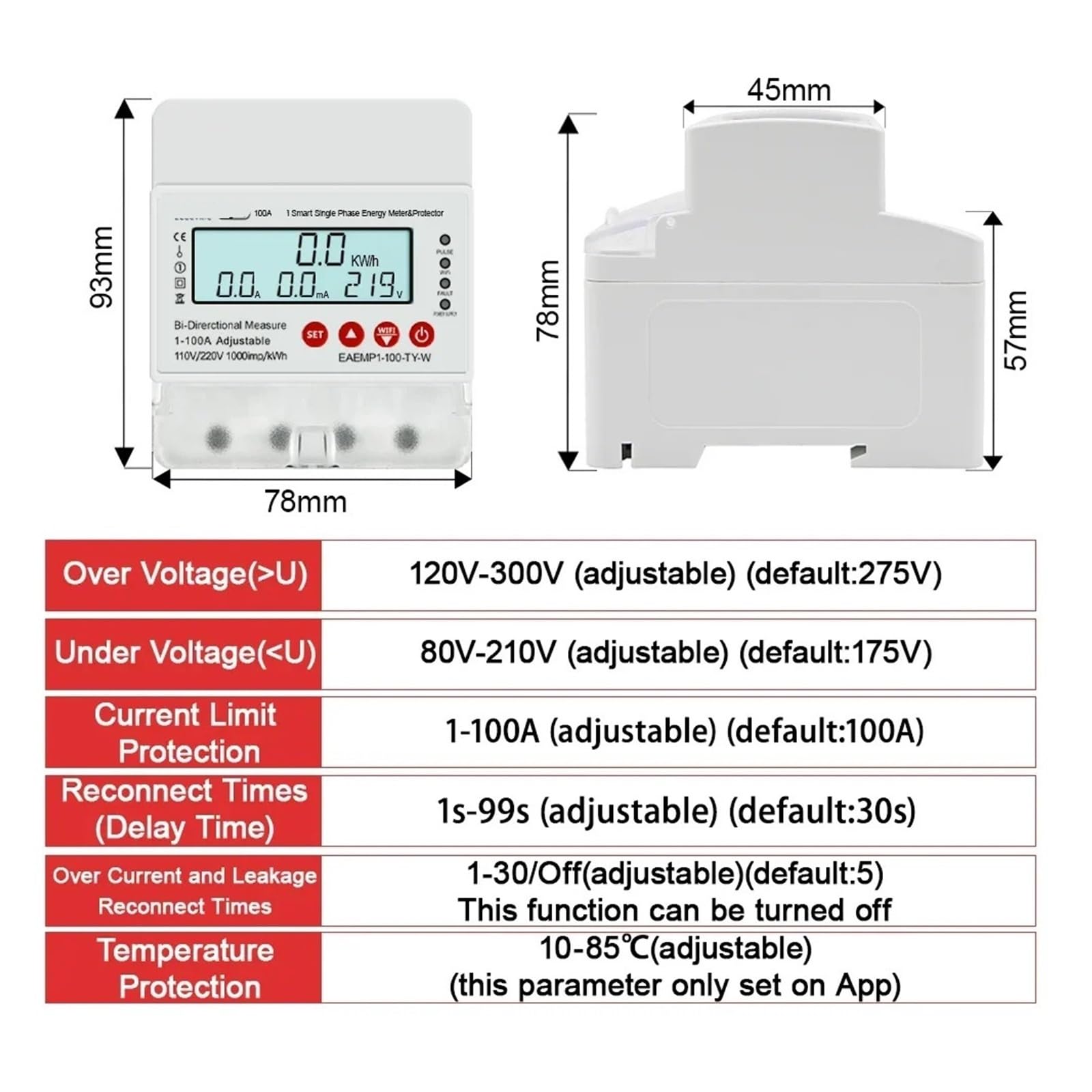 Medidor de energía monofásico Inteligente 100 A, Protector contra sobretensión y subtensión, medición bidireccional Potencia en kWh