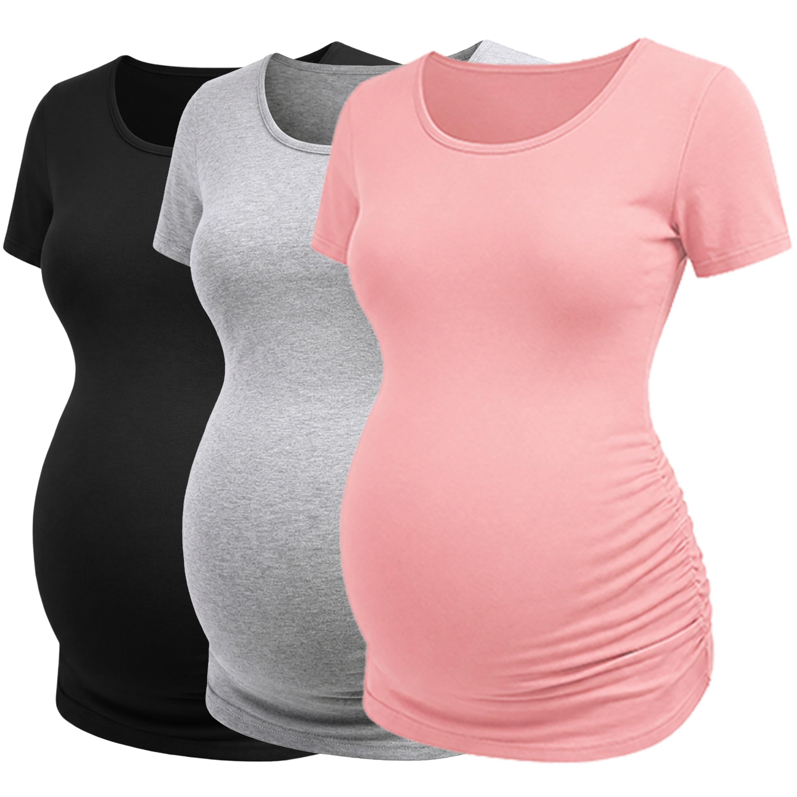 Lot de 3 t-shirts de maternité à manches courtes pour femme, noir + gris + rose foncé, M | Matériau confortable et doux pour la peau, fronces latérales, pour toute la grossesse, pour les loisirs et le quotidien