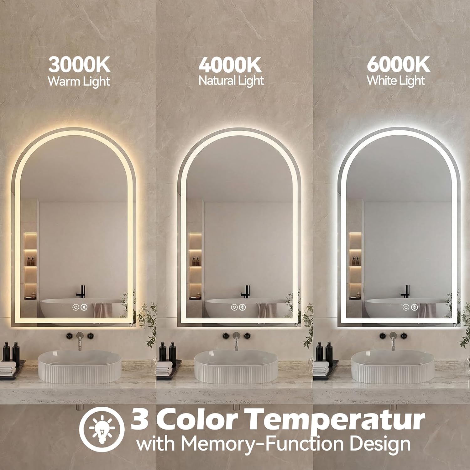 Sweetcrispy 24"×32" LED Bathroom Mirror with Lights, Arched Vanity Mirror with Anti-Fog, Dimmable, 3-Color Light, Memory Function, Tempered Glass