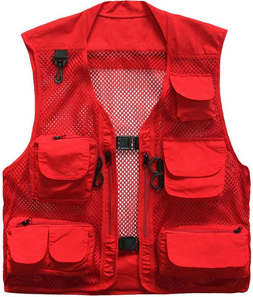 Men's Mesh Fishing Vest Multi Pockets Photography Outdoor Jacket (Red, L-US)