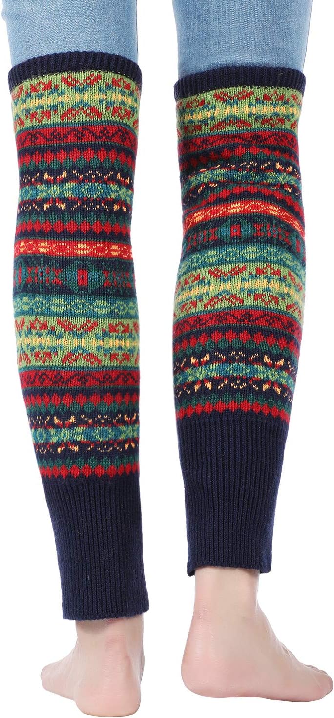 SATINIOR 2 Pairs Leg Warmers for Women Wool Leg Warmers Bohemian Winter Long Knit Boot Cuffs Socks for Women(Khaki, Navy Blue) - Image 5