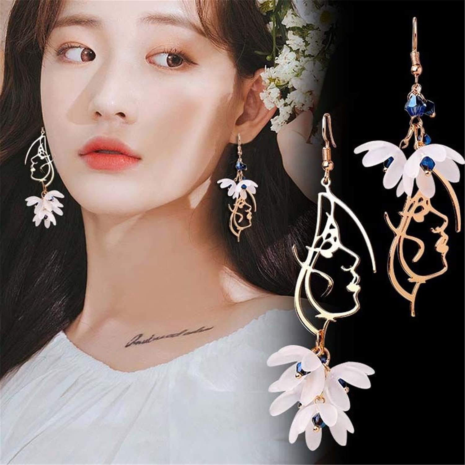Unique Handmade 14k Gold Asymmetry Human Face White Flower Dangle drop Earrings Bohemian Resin Flower Petal Stud Earrings for Women Statement Jewelry Gifts - Image 5