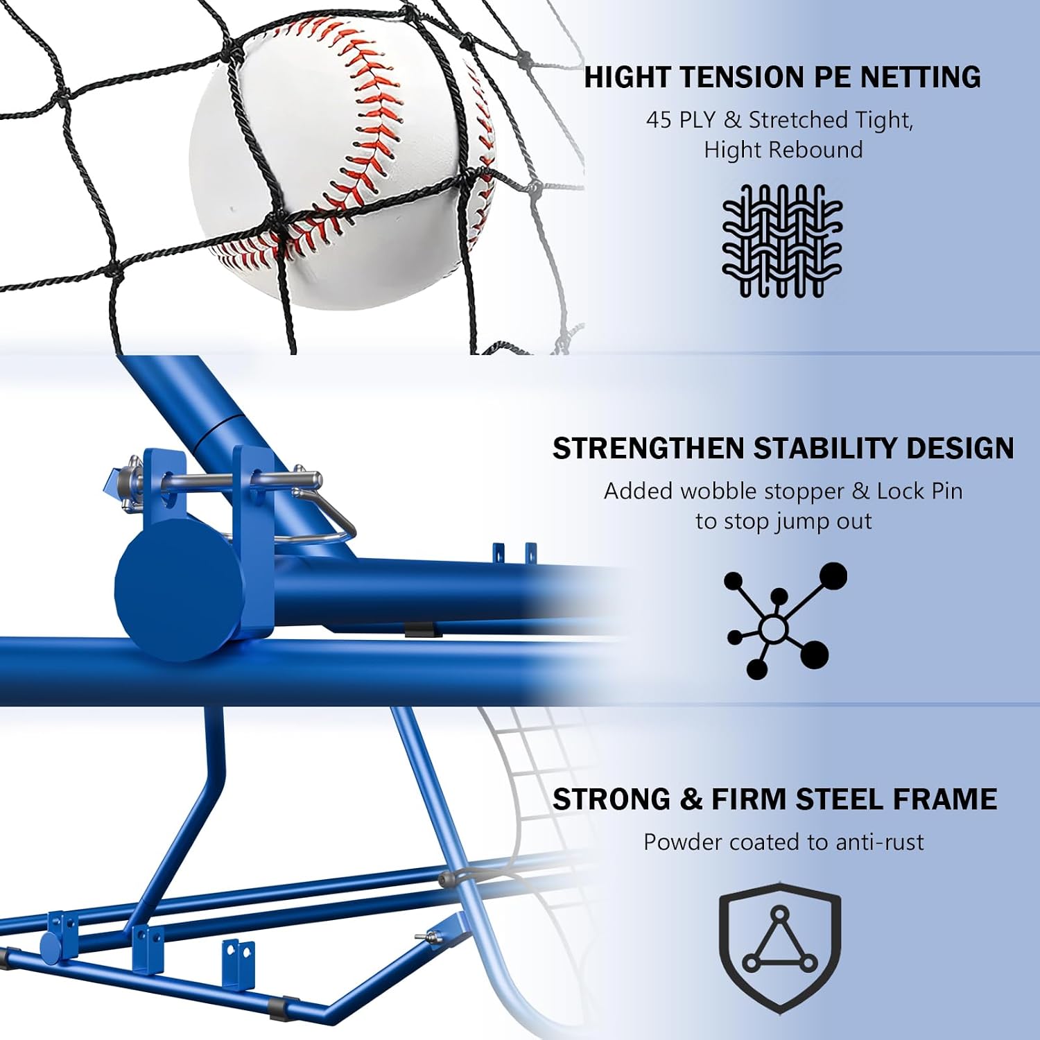 Baseball Rebounder Net,4'x4.5' Baseball Rebounder Net with 4 Adjustable Angles & Dual Strike Zones,UV Resistant, Pitchback Trainer for Ground, Line Drive & Fly Balls