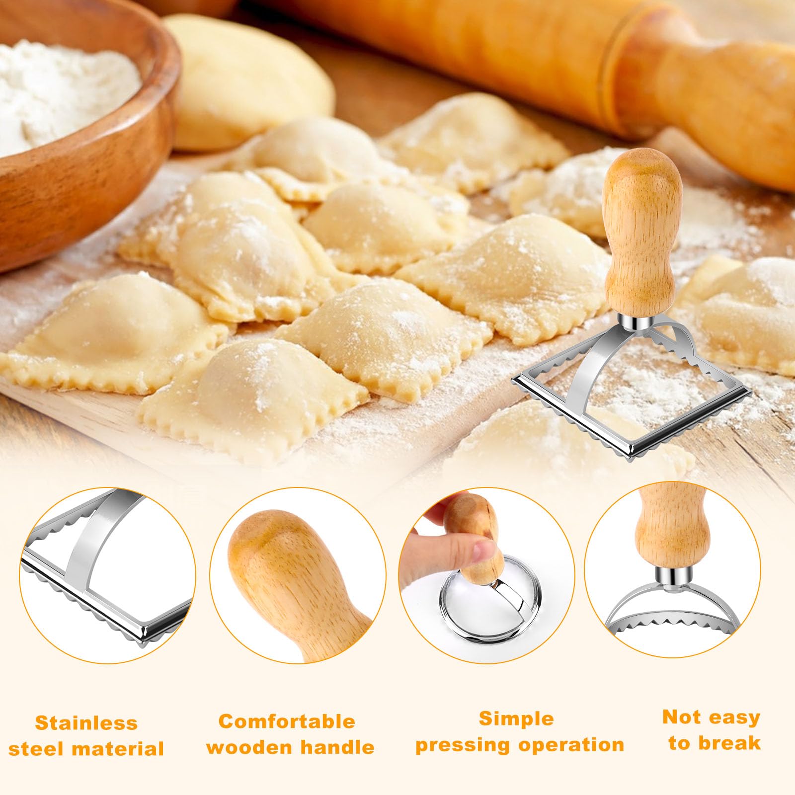Zestaw 5 sztuk: foremki do ravioli, foremki kwadratowe, okrągłe i w kształcie serca, noże do pizzy, stemple do ravioli do pierogów, ciastek i makaronu