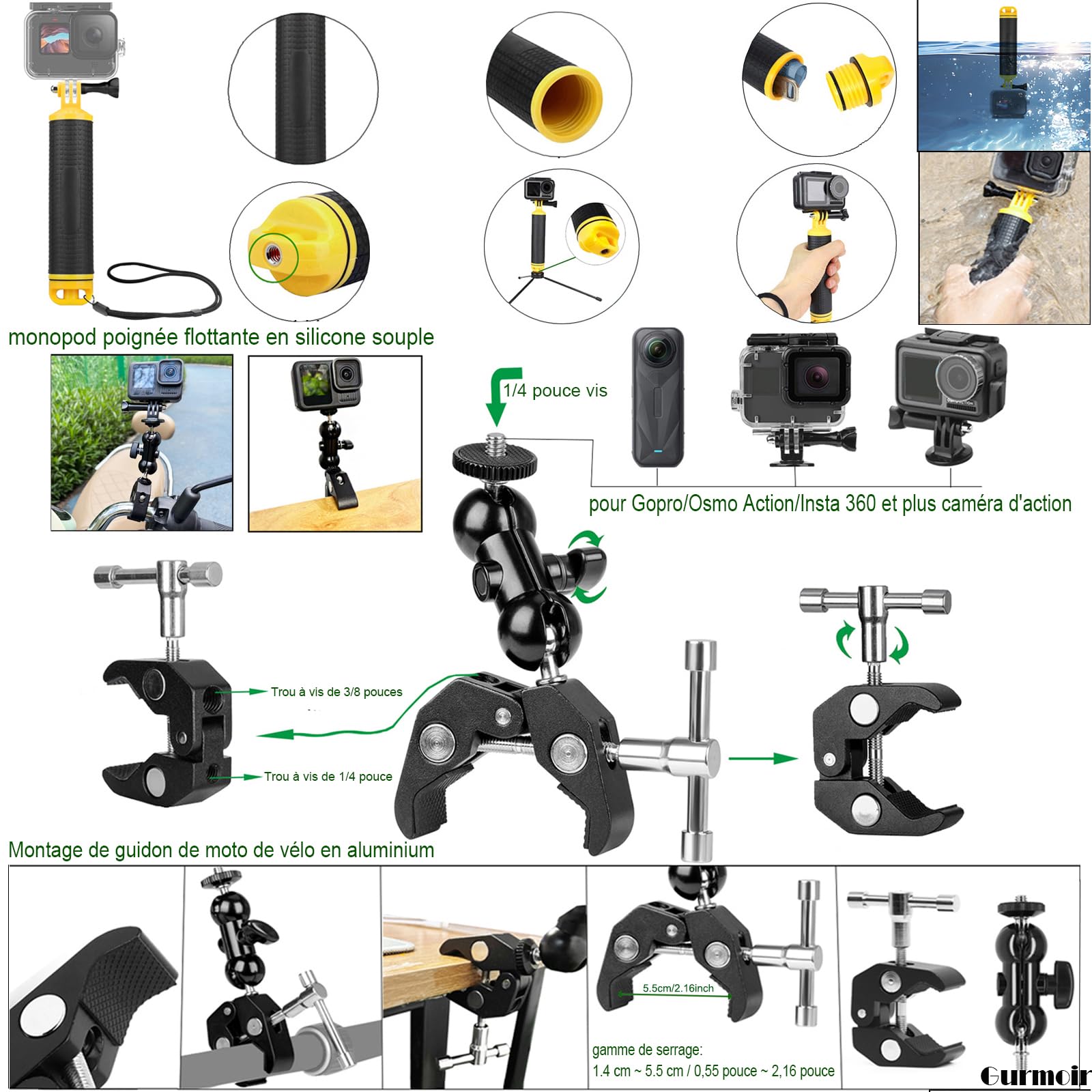 Kit d'accessoires pour Gopro Hero 13/12/11/10/9/8/7/6/Go Pro Max 2/DJI Osmo Action 6/5 pro/4/Insta 360 X5/X4 et Plus Caméra d'action (DT18)
