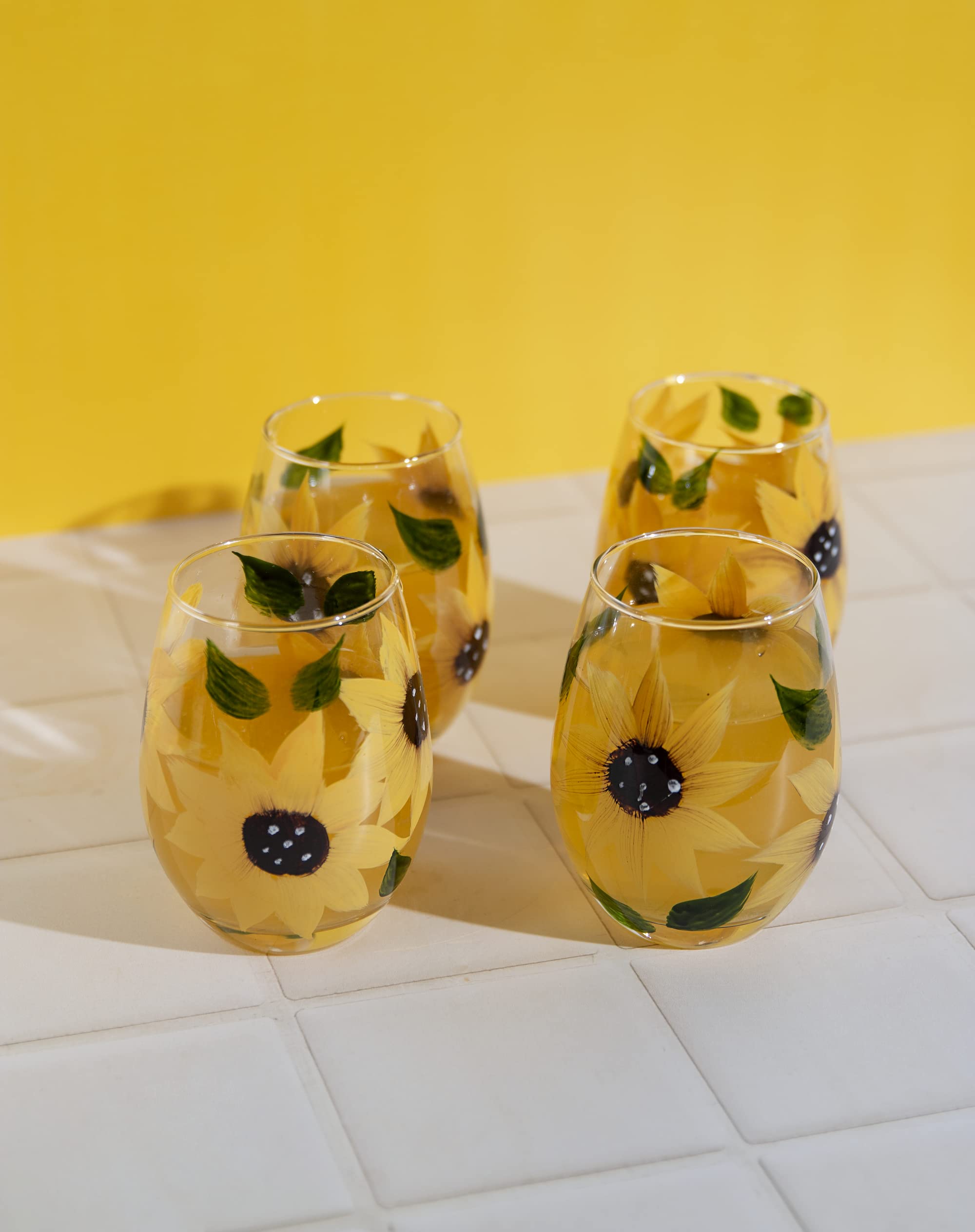 Amazon.com | Market Street Gallery - Hand-Painted Sunflower Stemless Wine  Glass Set - Rustic Country Farmhouse Decor - Kitchen Gift, Set of 2: Wine  Glasses