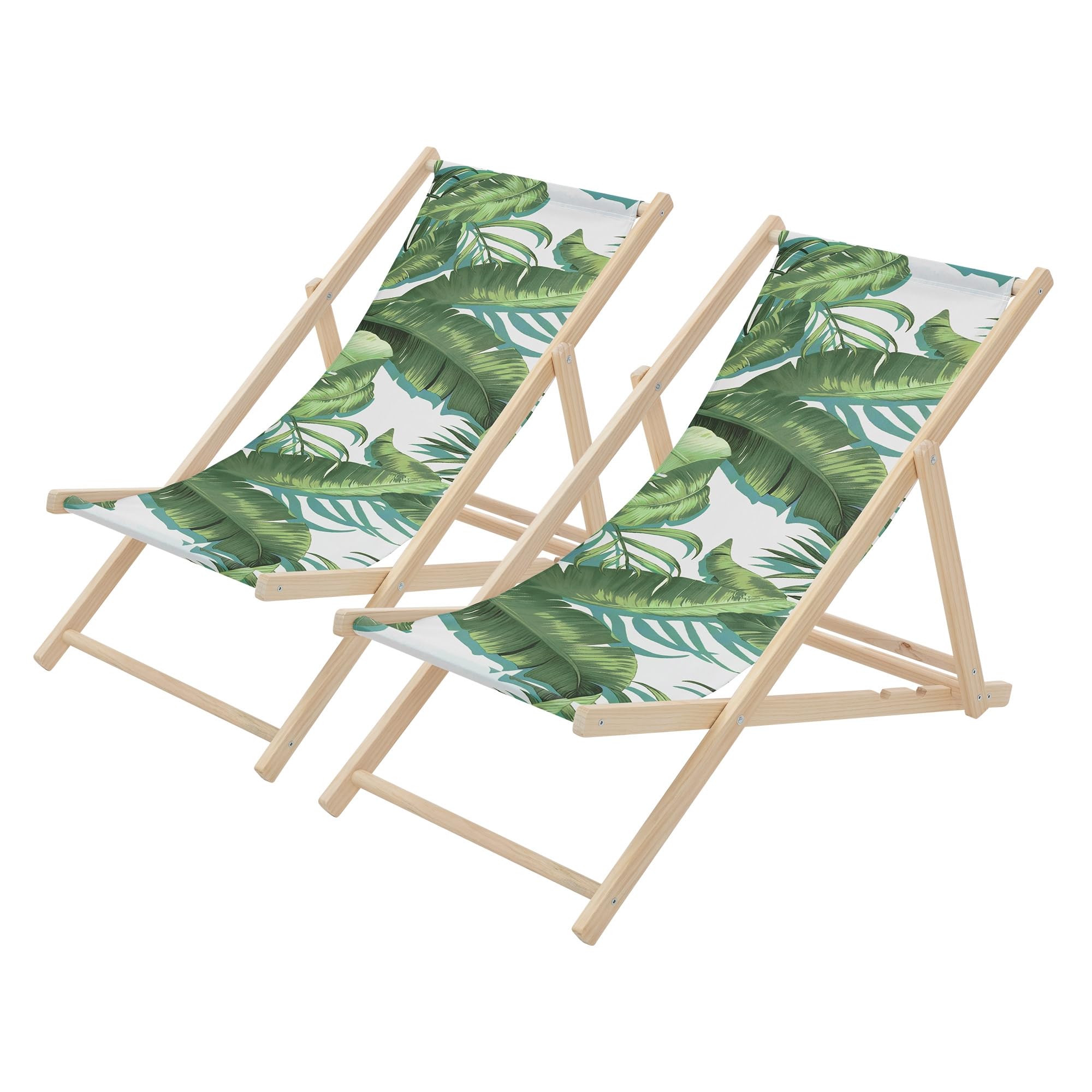 ECD Germany 2er Set Liegestuhl klappbar Tropical Grün-Weiß, aus Holz, Sonnenliege mit verstellbarer Rückenlehne, Strandliege bis 120 kg, Gartenliege, Strandstuhl, Relaxliege für Garten Balkon Terrasse