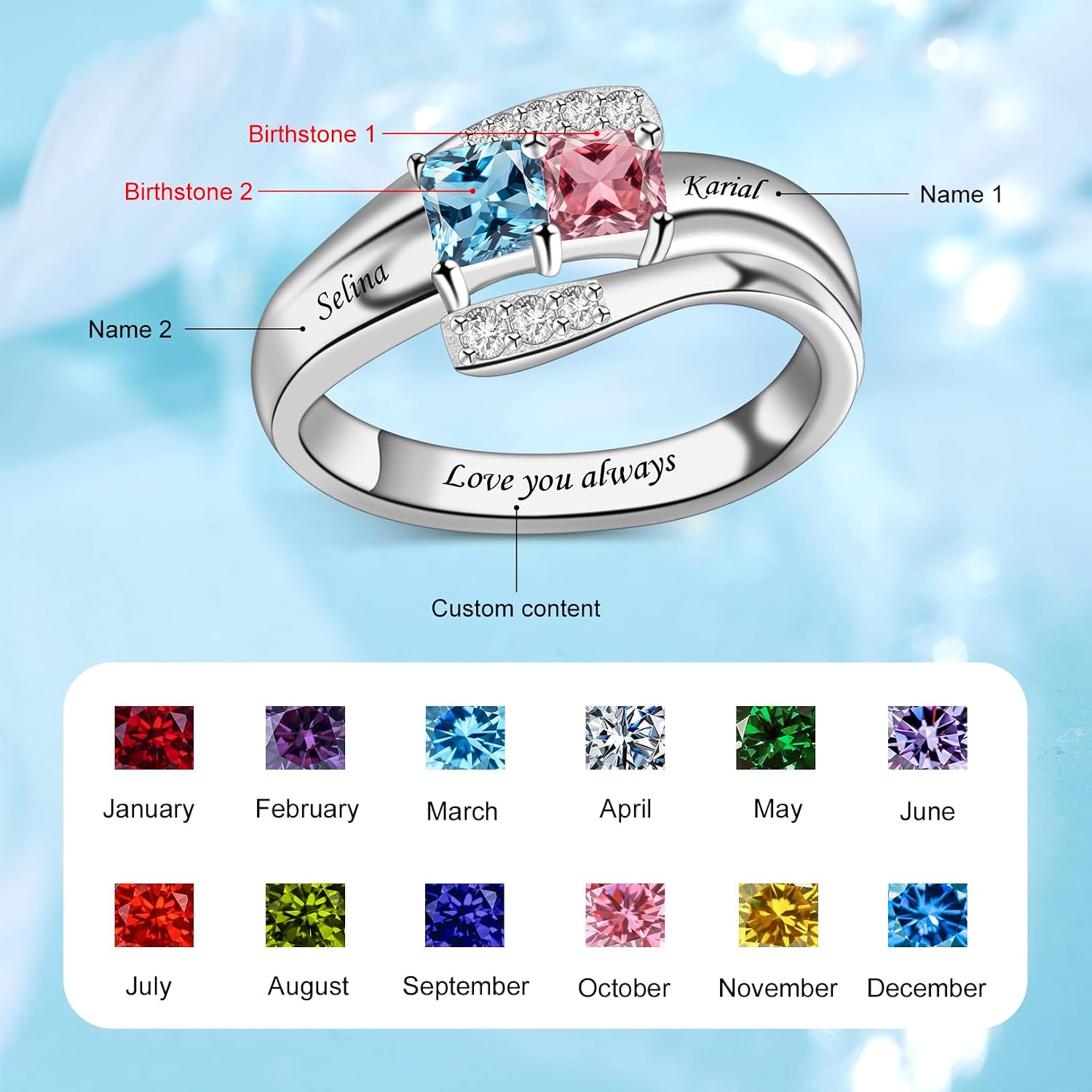 MissNaNa Personalized Mother Rings Birthstone Ring Customized Ring with 1-9 Name Rings Birthday Christmas Gift for Women
