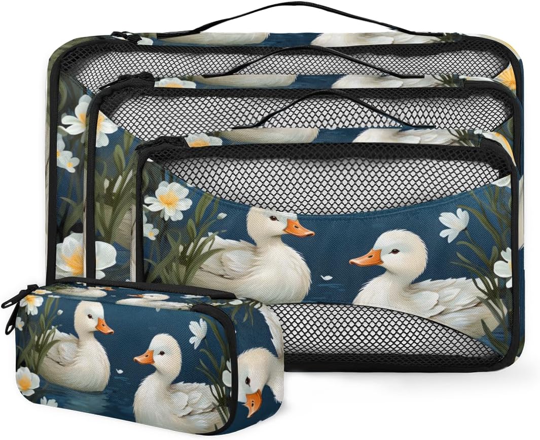 Flowers Duck Pattern 4 Set Packing Cubes Packing Cubes for Women Lightweight Travel Essential Bag Clothes Carry on Suitcase Bags for Accessories Essentials