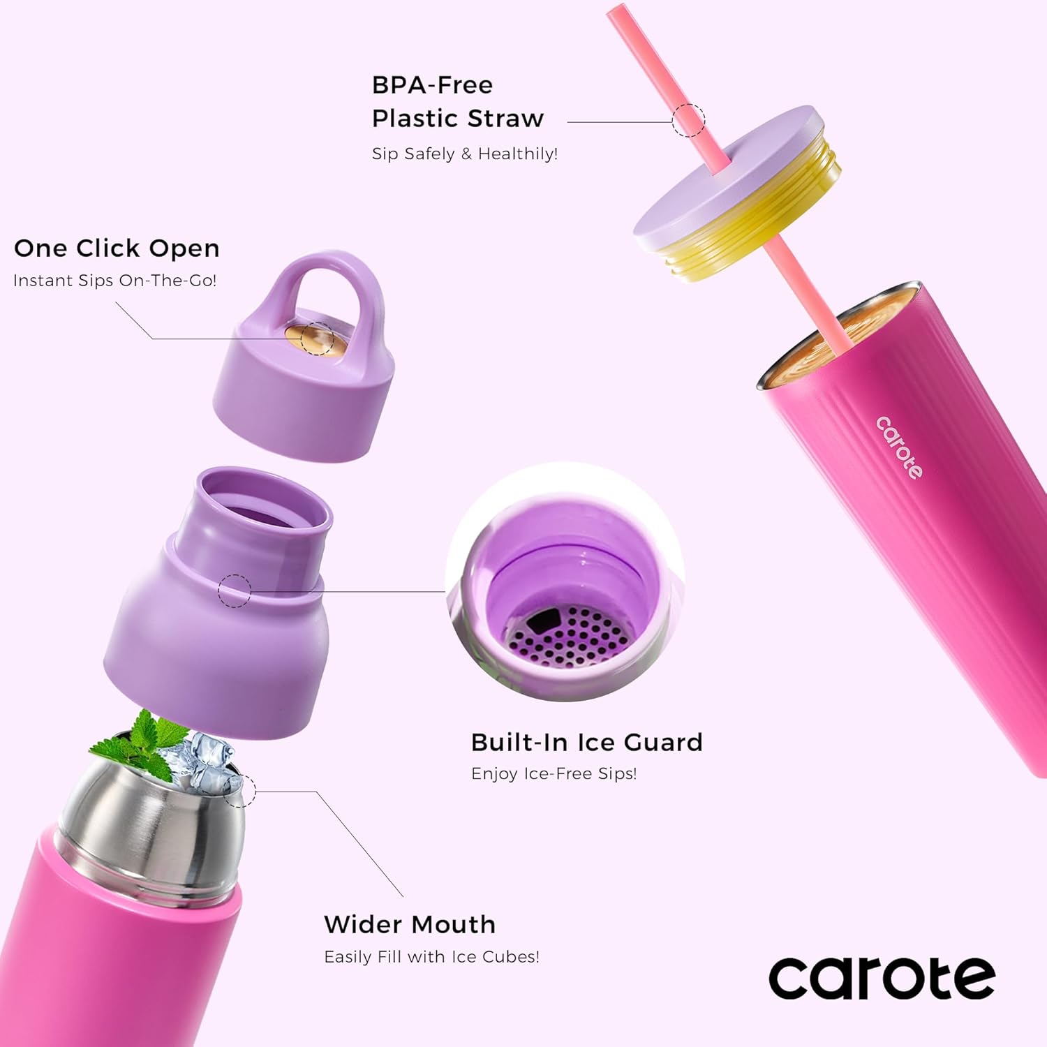 CAROTE 19 oz One-Click Open Insulated Water Bottle & 21 oz Tumblers with Lid and Straw, Double-Wall Insulated Stainless Steel, Leakproof Lid with Handle, Essential for Travel, School(Rose Pink)