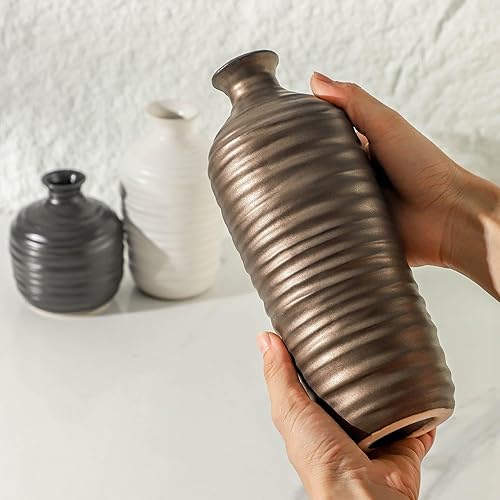 Miniatura 3 de Juego de 3 jarrones de cerámica neutros decorativos para granja, bohemio o rústico, decoración del hogar, jarrones de cerámica para sala de estar,