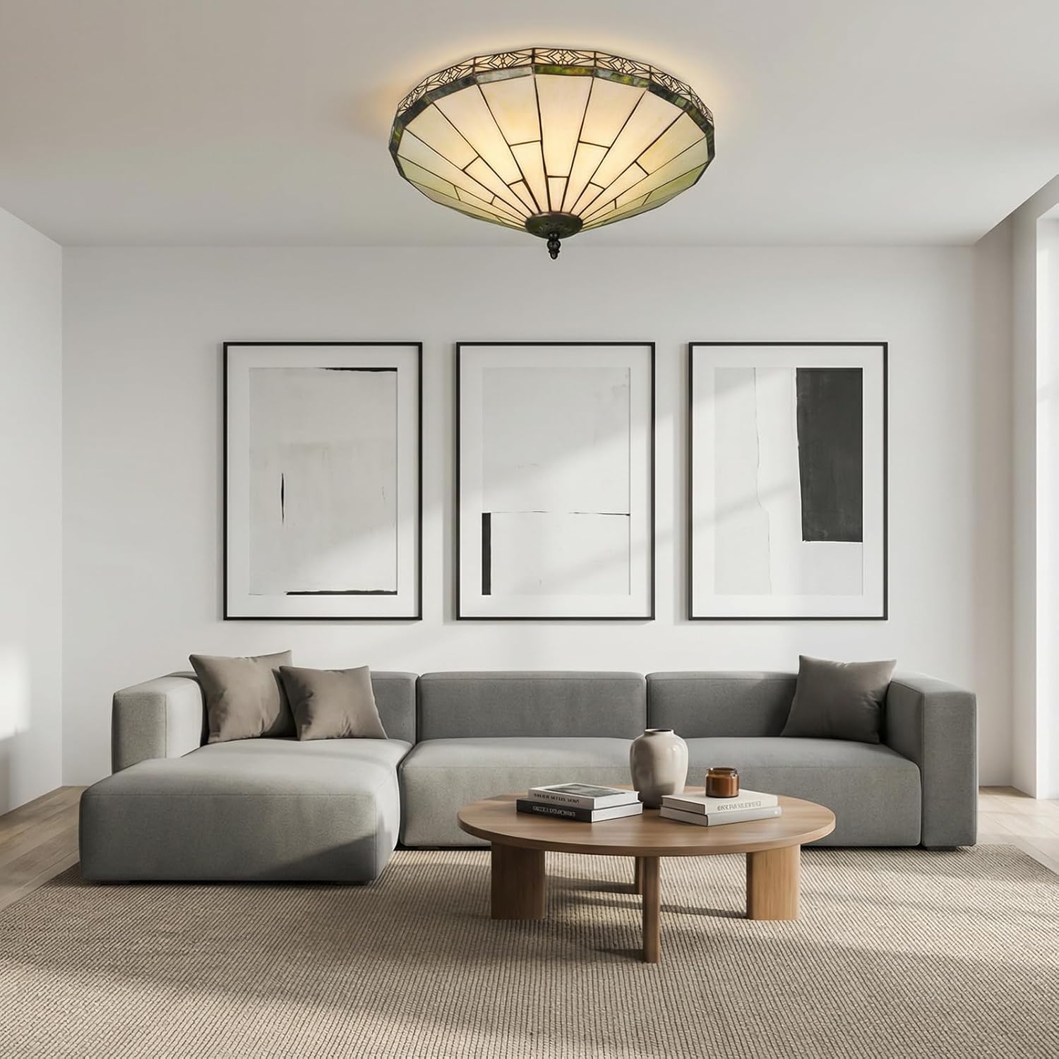 15.75 inch Vintage Chandelier Light Vintage Ceiling Light Fixture Stained Glass Handmade Ceiling Lamp Retro 3 Light Flush Mount Ceiling Light Fixture for Living Room Bedroom