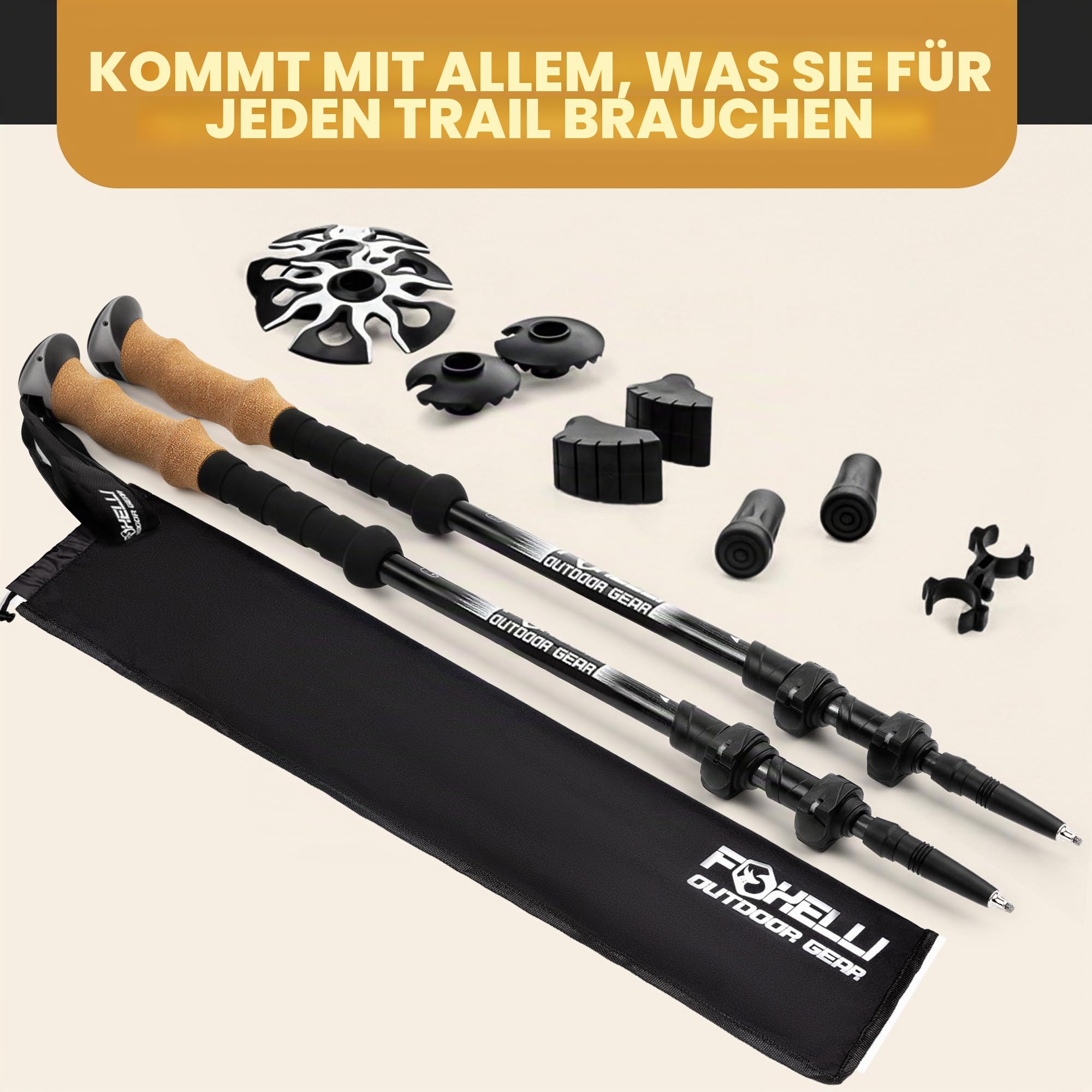 Foxelli Carbon Wanderstöcke – Faltbare leichte stoßdämpfende Stöcke zum Wandern, Trekking, Hiking und Laufen mit Naturkorkgriffen, Flip Locks, 4-Jahreszeiten-/All-Terrain-Zubehör und Tragetasche