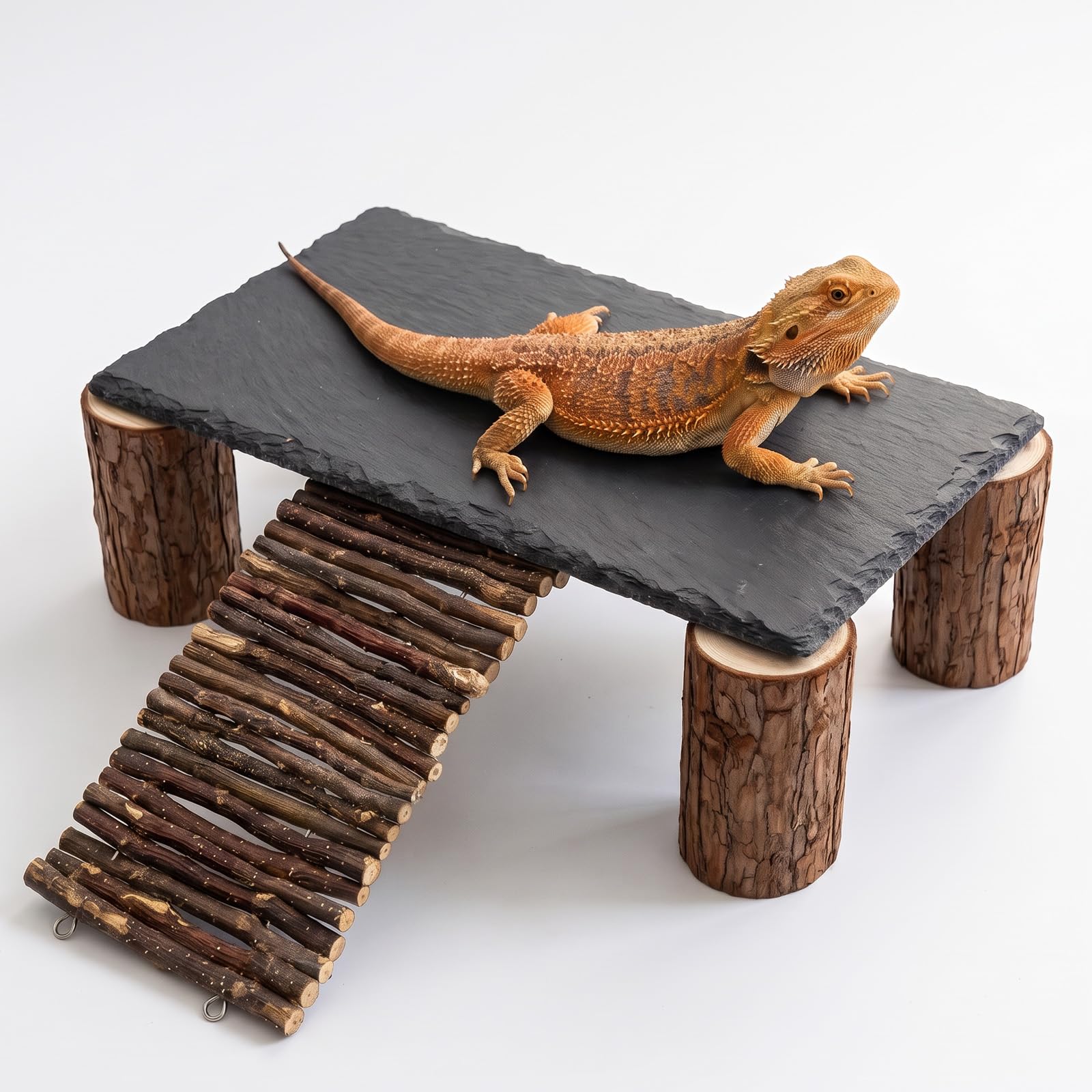Bearded Dragon Basking Platform with Wooden Ramp, 30x15cm Slate Reptile Basking Rock for Vivarium Terrarium Decor, Fits Bearded Dragons, Geckos & Tortoises